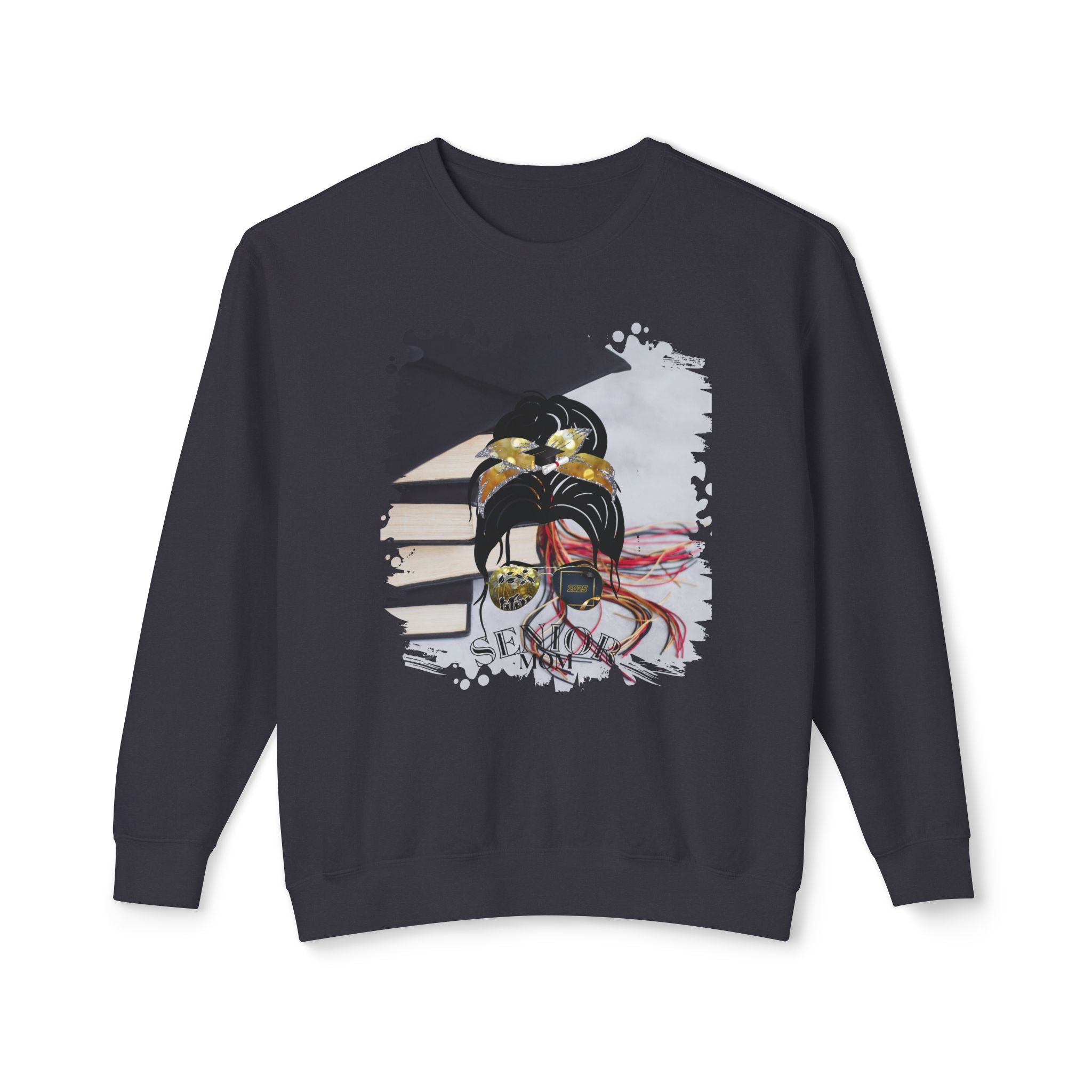 Senior Mom, Cap & Books, Dark Hair Messy Bun, Unisex Lightweight Crewneck Sweatshirt