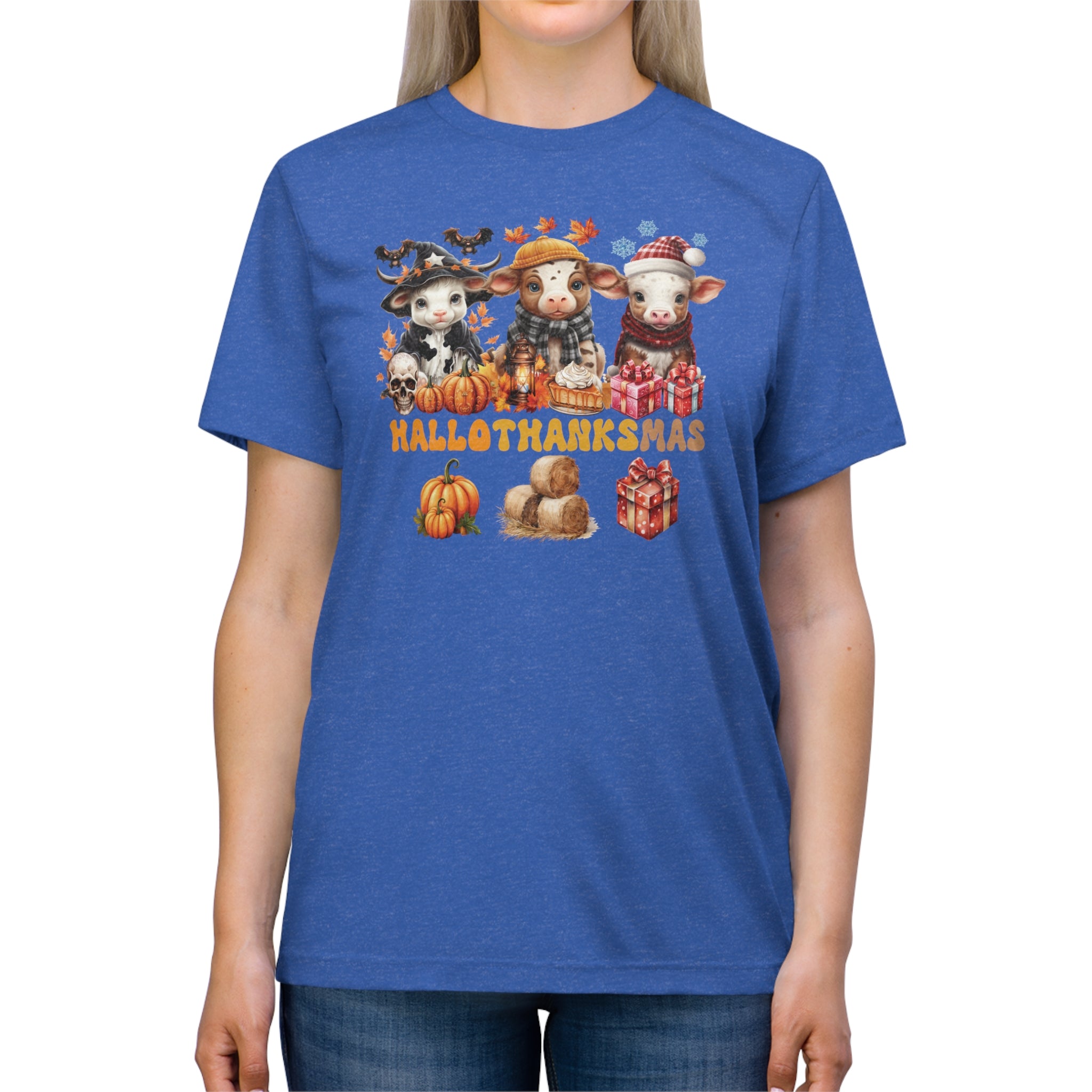 Spooky to Jolly - All-Season Celebration HalloThanksMas Tee (2), Unisex Triblend T-Shirt