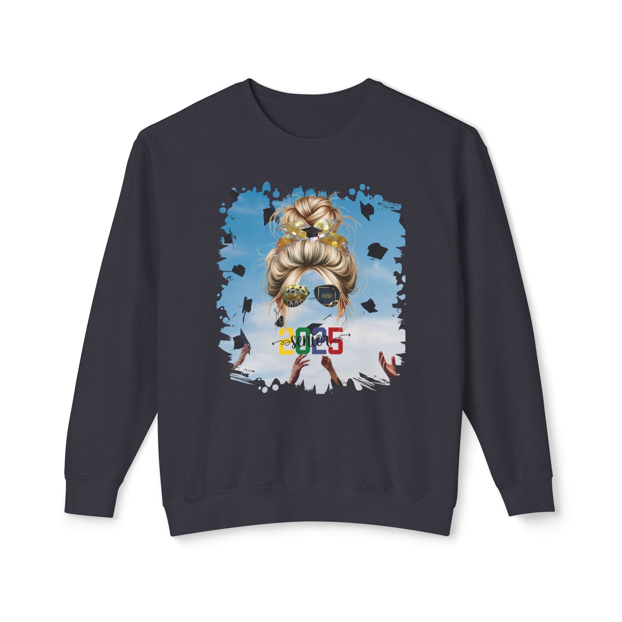 Senior 2025 Colorful, Celebration, Blond Hair Messy Bun, Unisex Lightweight Crewneck Sweatshirt