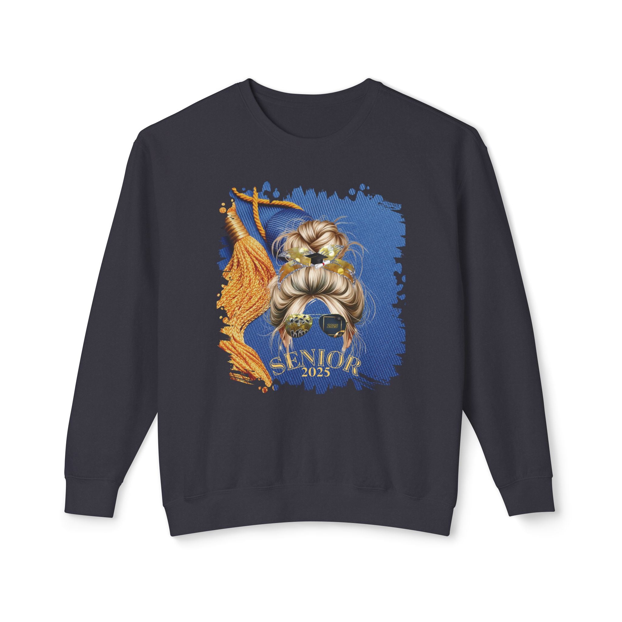 Senior 2025, Graduation Cap, Blond Hair Messy Bun, Unisex Lightweight Crewneck Sweatshirt