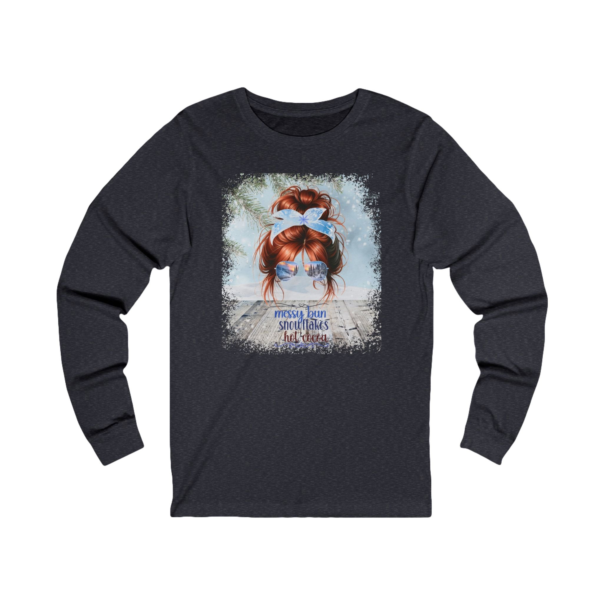 Messy Bun Winter Snowy Porch, Red Hair Messy Bun, Unisex Jersey Long Sleeve Tee