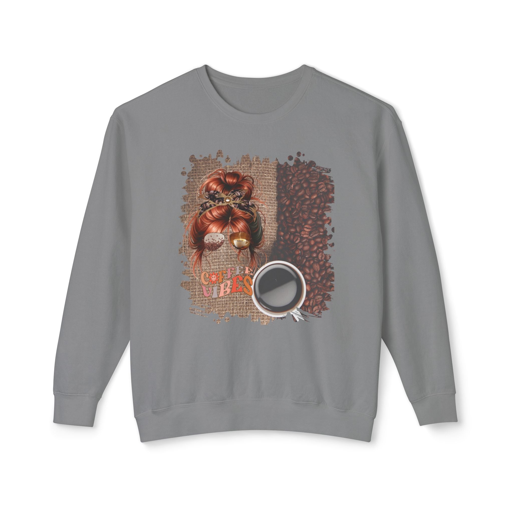 Coffee Vibes, Coffee Beans Bag, Red Hair Messy Bun, Unisex Lightweight Crewneck Sweatshirt