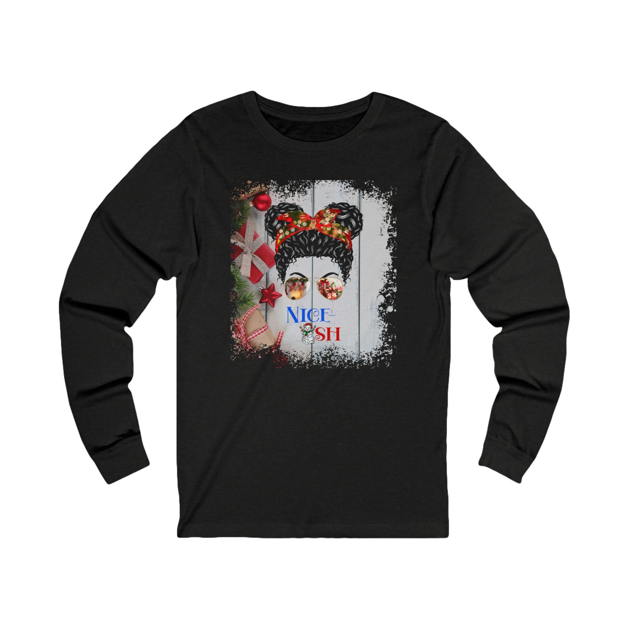 Nice-ish Christmas Presents, Black Hair Messy Bun, Unisex Jersey Long Sleeve Tee