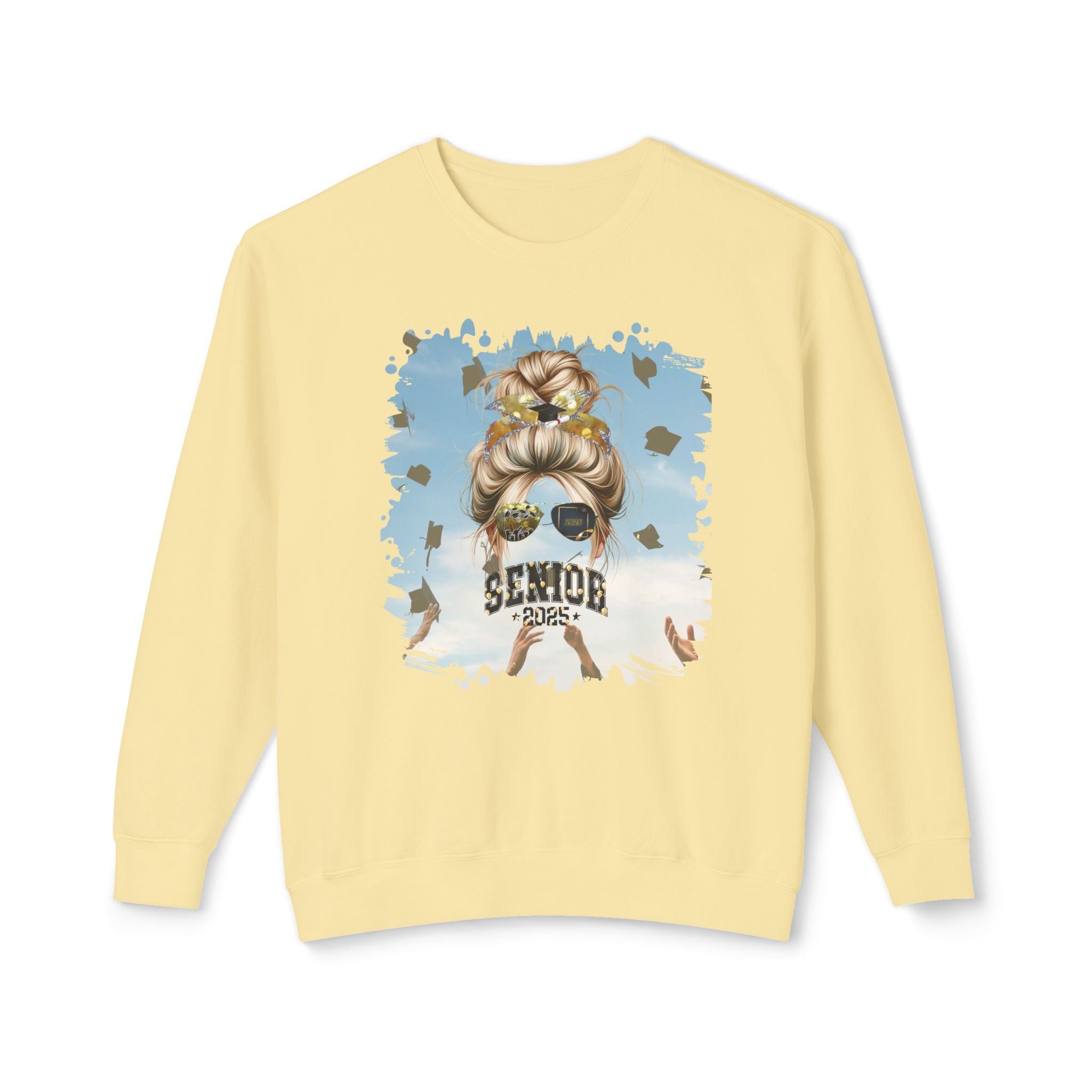 Senior 2025 Balloons, Celebration, Blond Hair Messy Bun, Unisex Lightweight Crewneck Sweatshirt