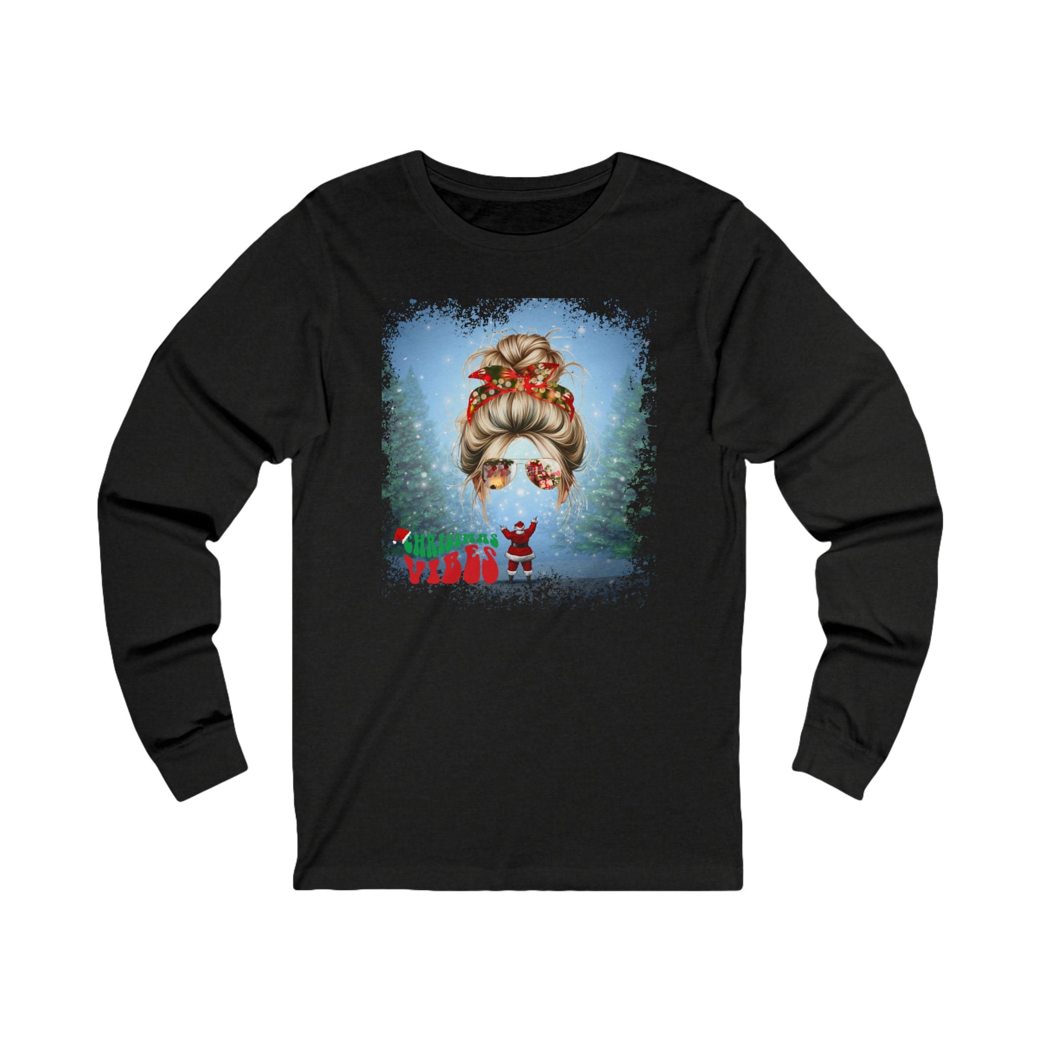 Christmas Vibes Santa, Blond Hair Messy Bun, Unisex Jersey Long Sleeve Tee