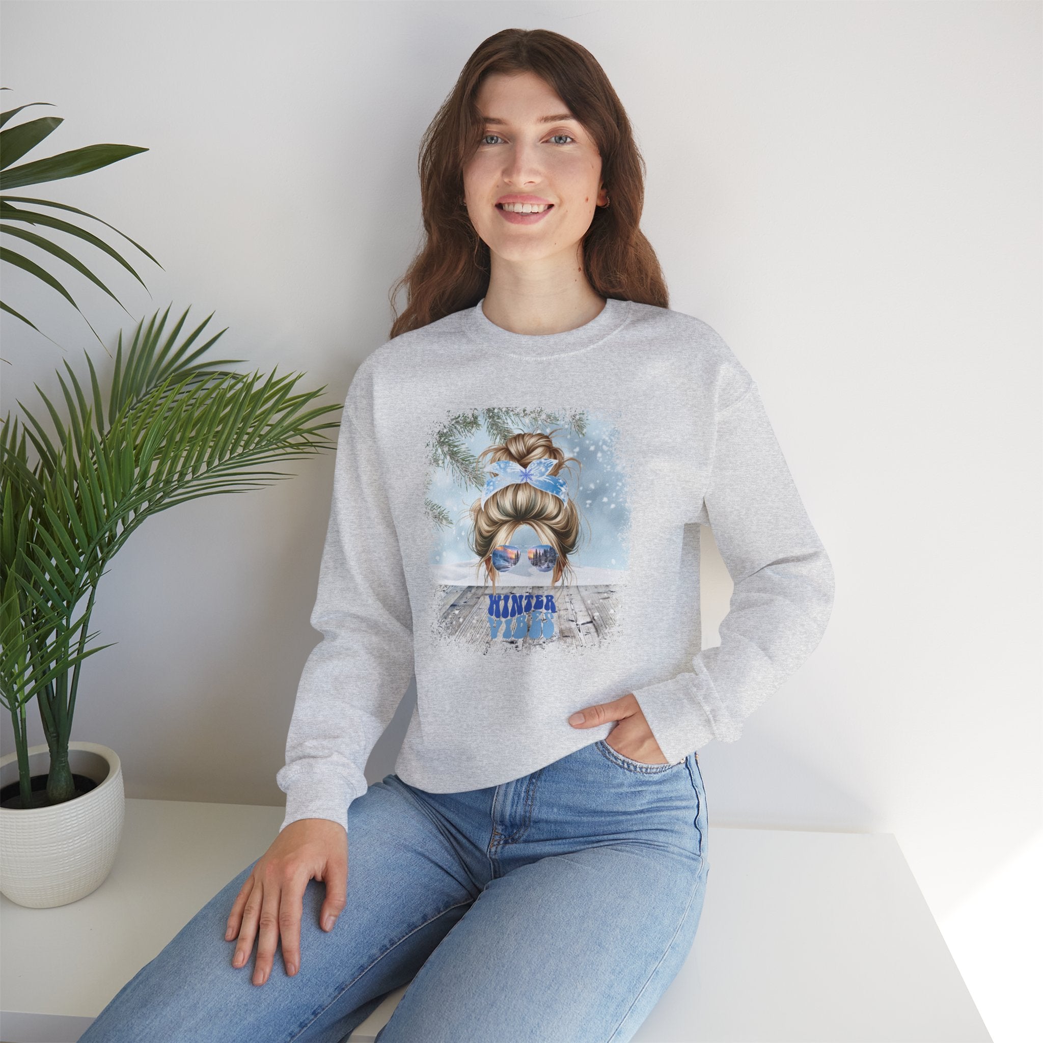 Winter Vibes Snowy Porch, Blond Hair Messy Bun, Unisex Heavy Blend™ Crewneck Sweatshirt