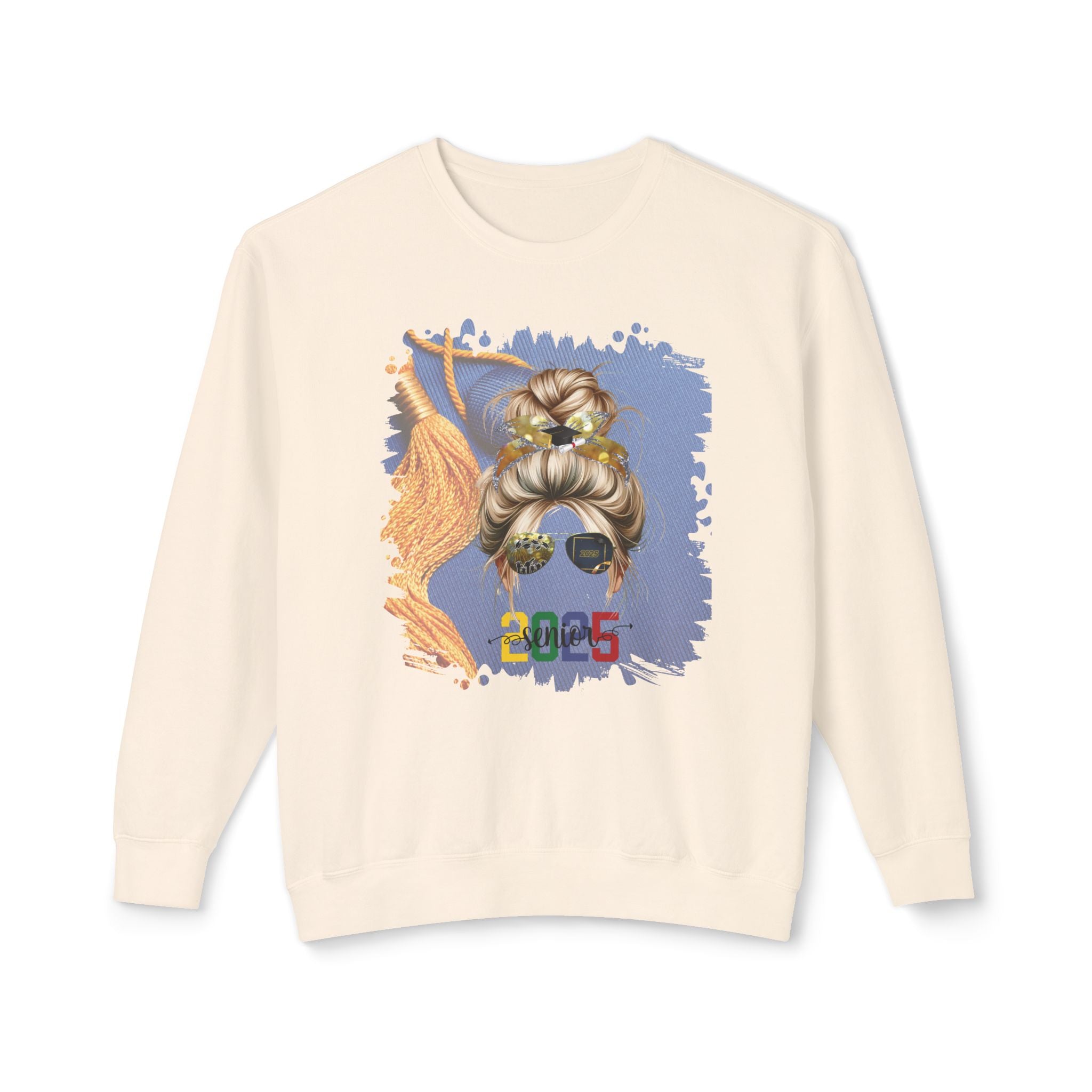 Senior 2025 Colorful, Graduation Cap, Blond Hair Messy Bun, Unisex Lightweight Crewneck Sweatshirt
