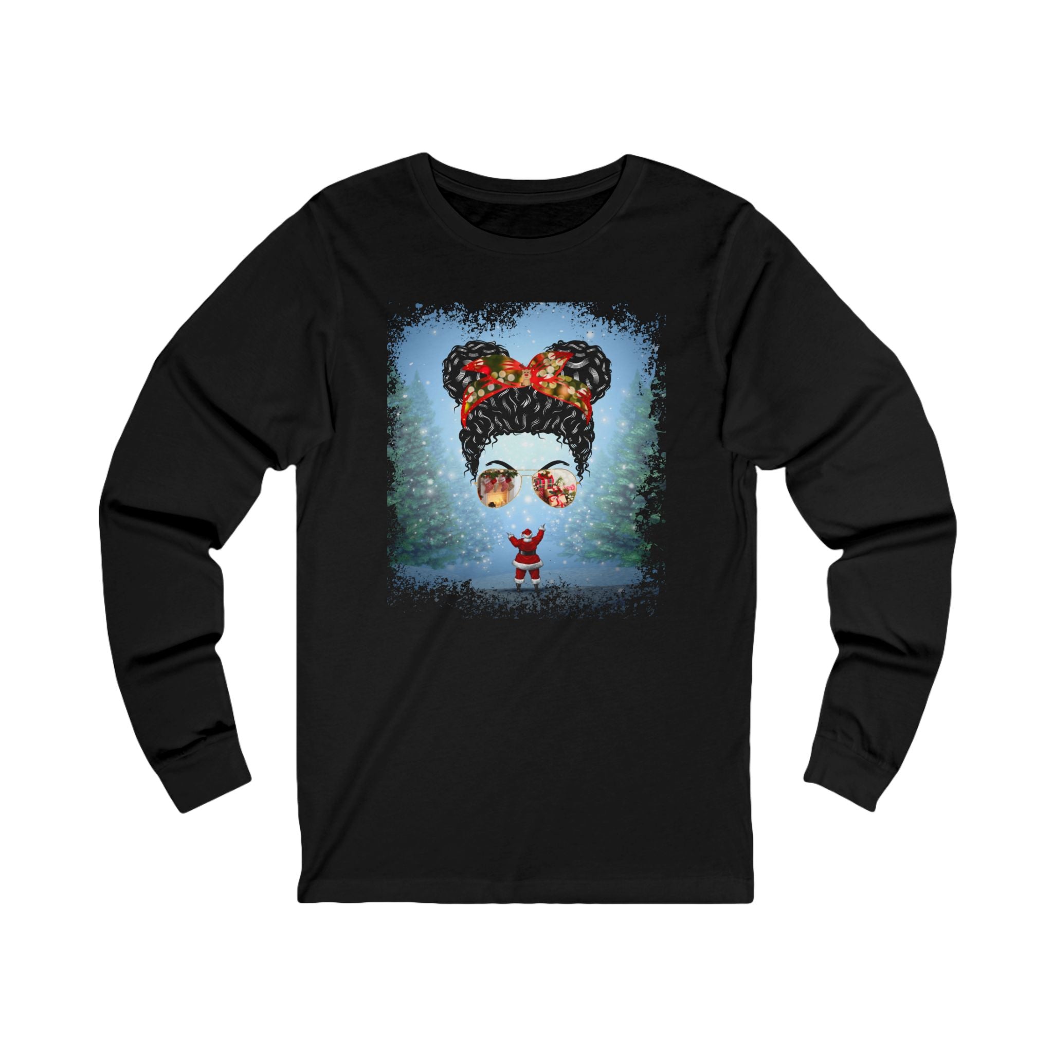 Santa, Black Hair Messy Bun, Unisex Jersey Long Sleeve Tee