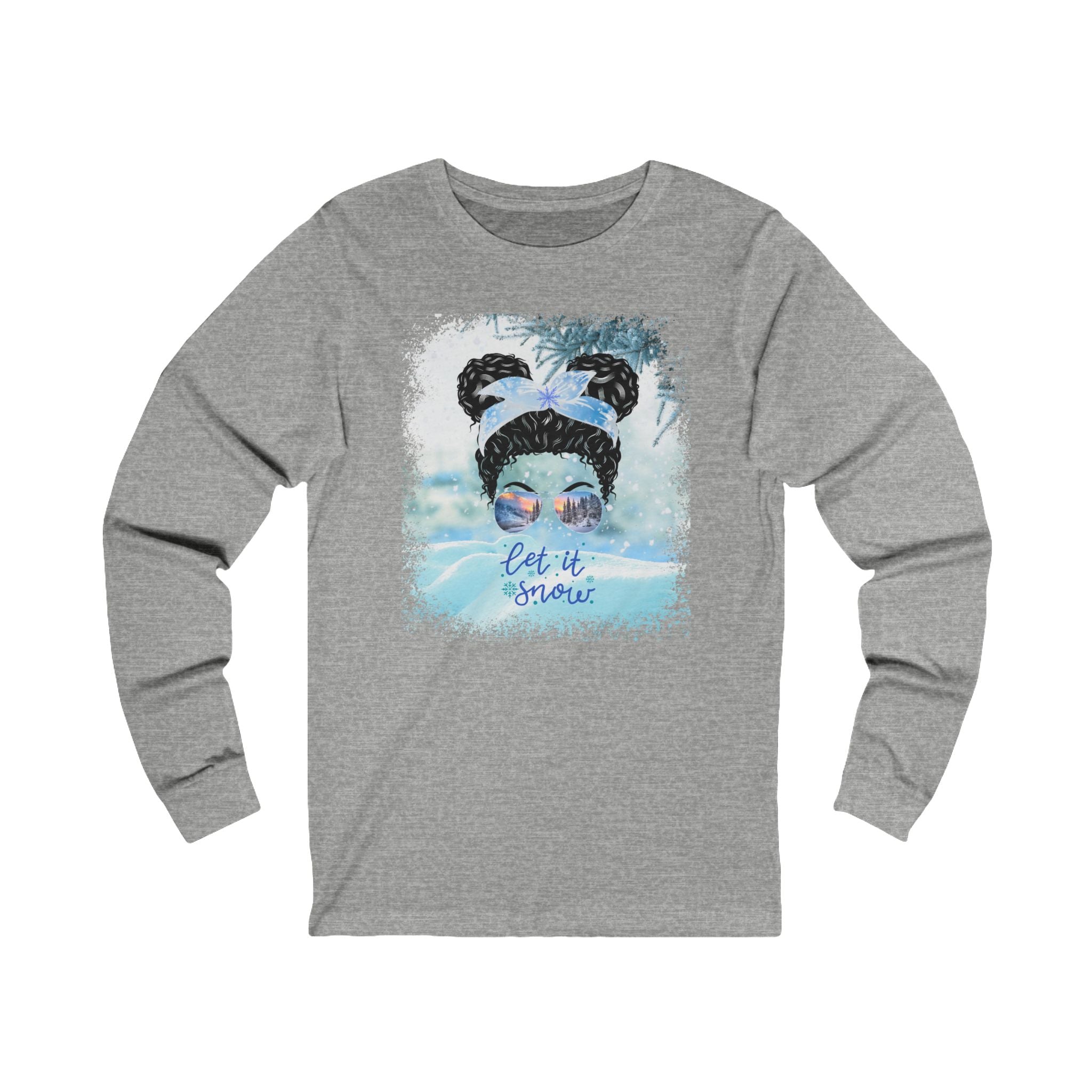 Let it Snow, Snow, Black Hair Messy Bun, Unisex Jersey Long Sleeve Tee