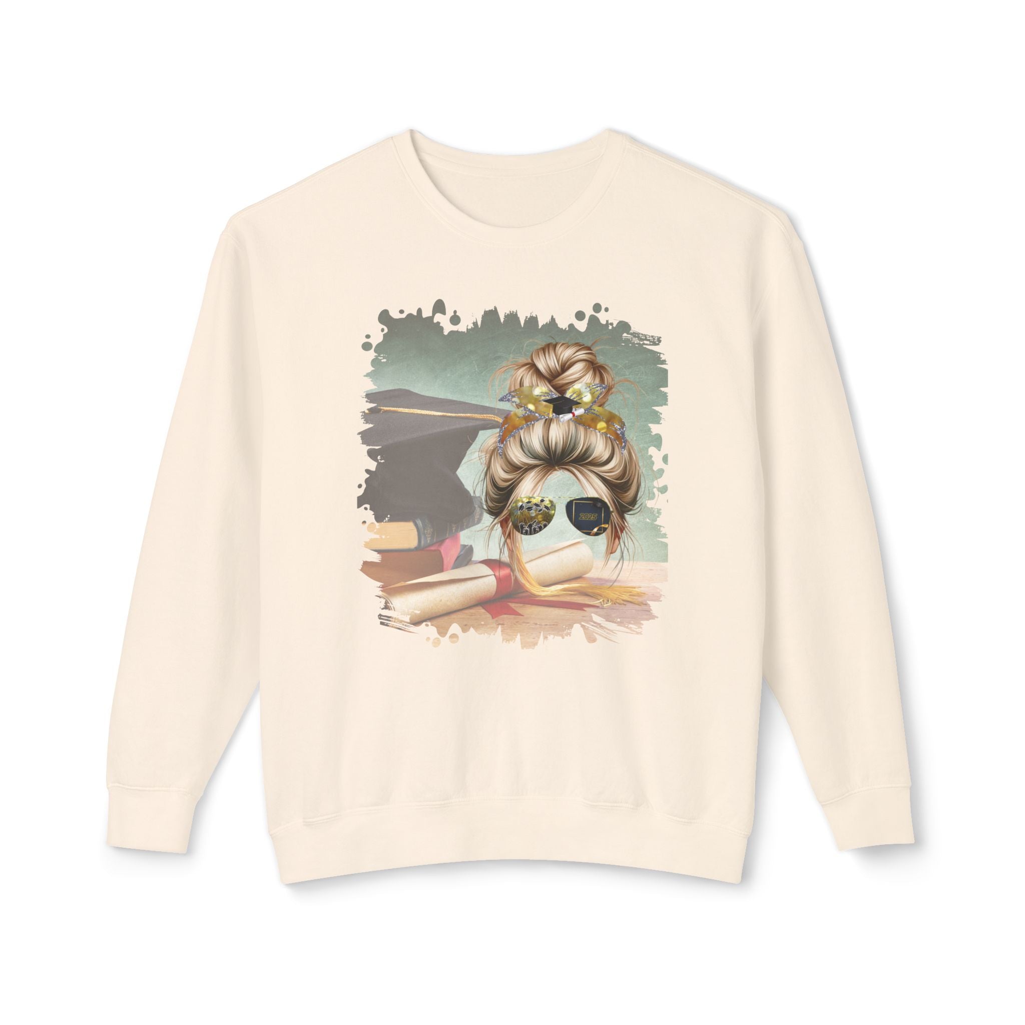 Cap & Degree/Diploma, Blond Hair Messy Bun, Unisex Lightweight Crewneck Sweatshirt