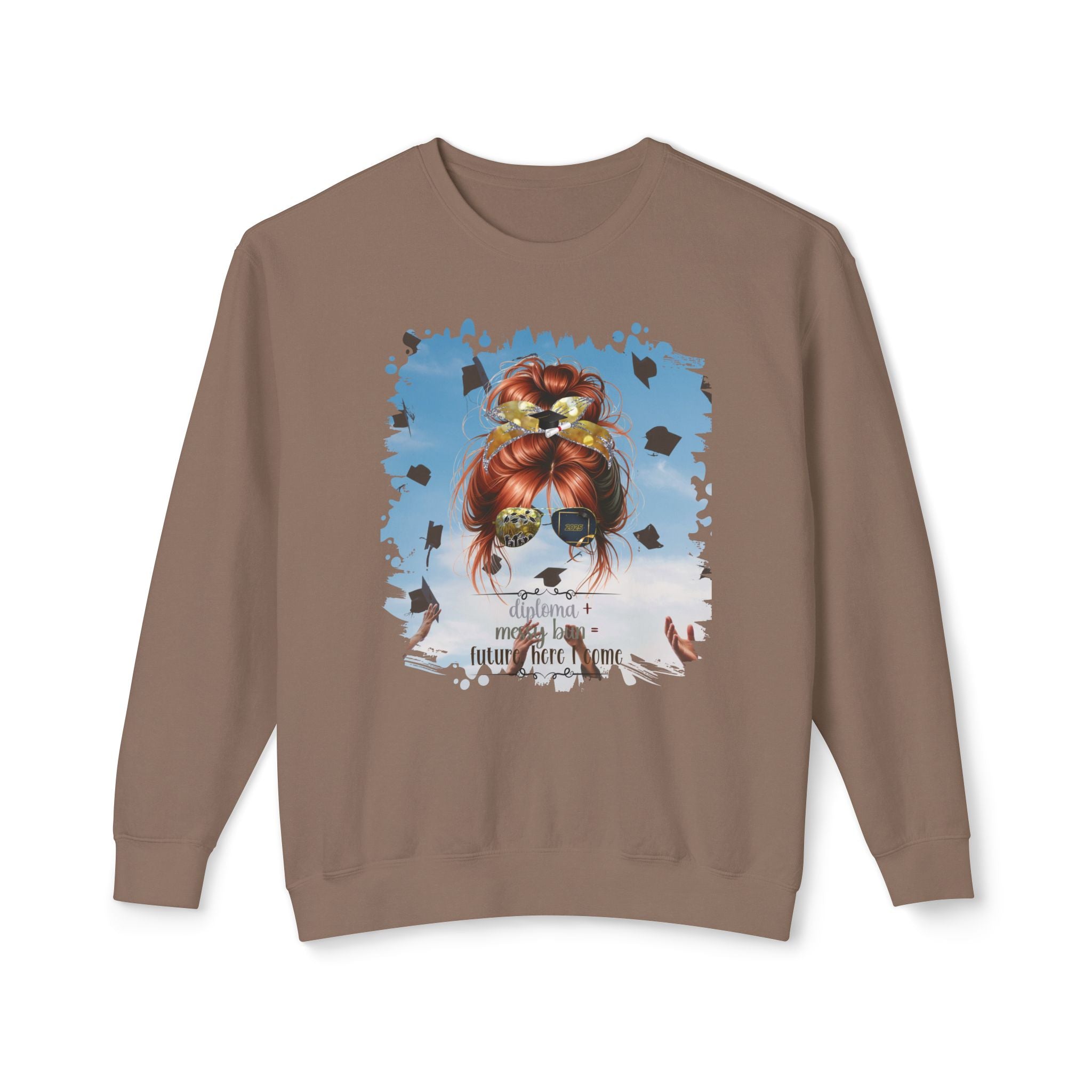 Diploma + Messy Bun, Celebration, Red Hair Messy Bun, Unisex Lightweight Crewneck Sweatshirt