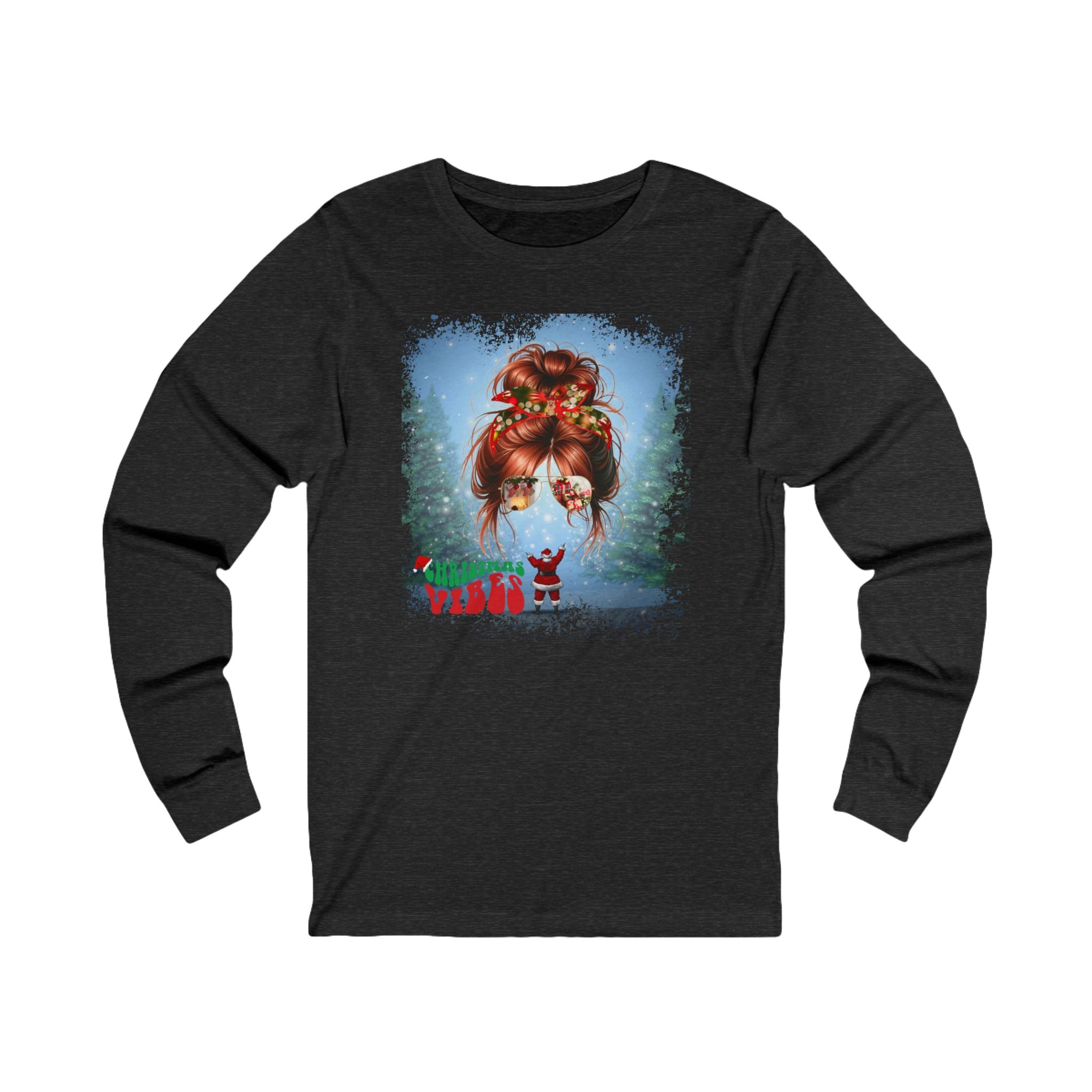 Christmas Vibes Santa, Red Hair Messy Bun, Unisex Jersey Long Sleeve Tee