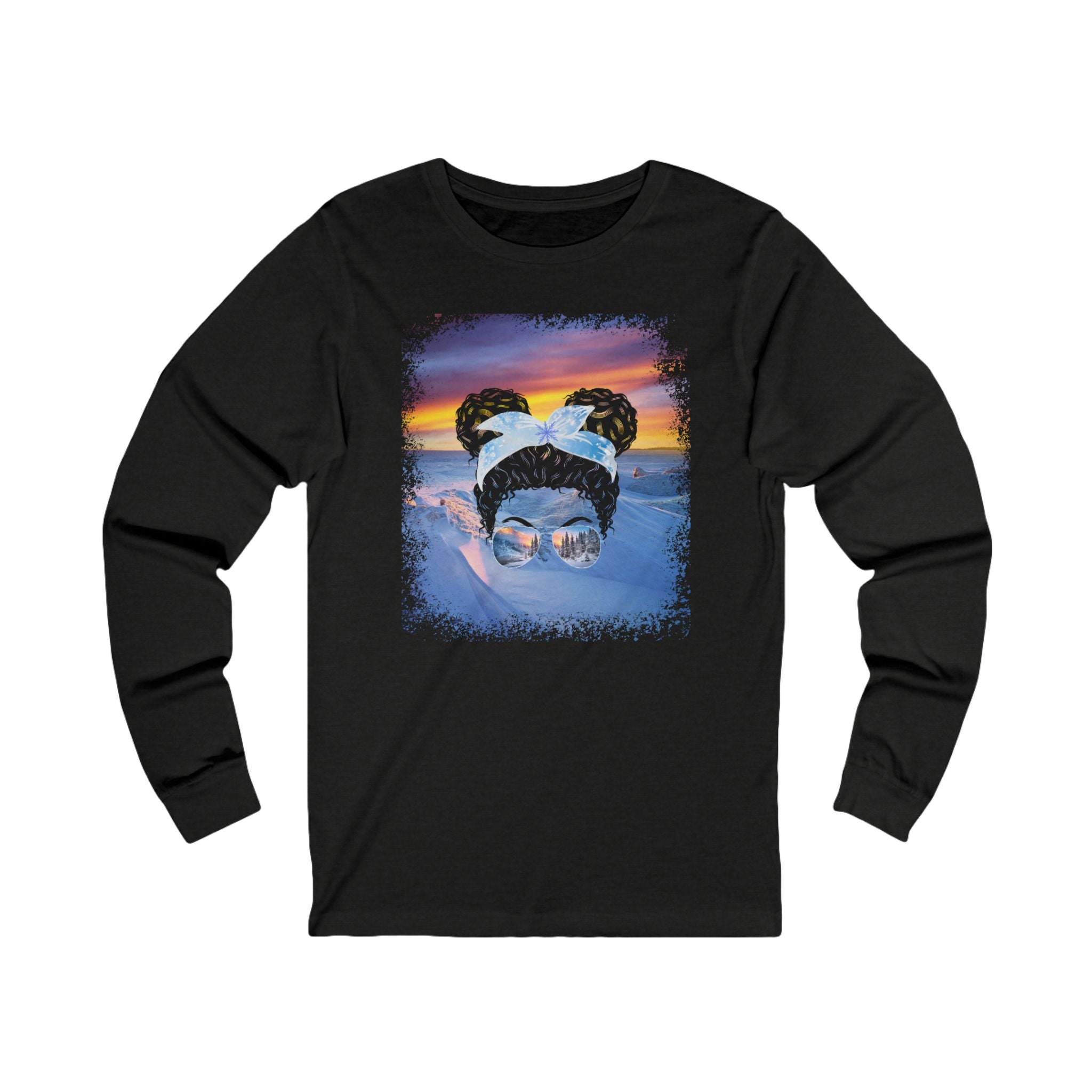 Winter Mountain, Black Hair Messy Bun, Unisex Jersey Long Sleeve Tee