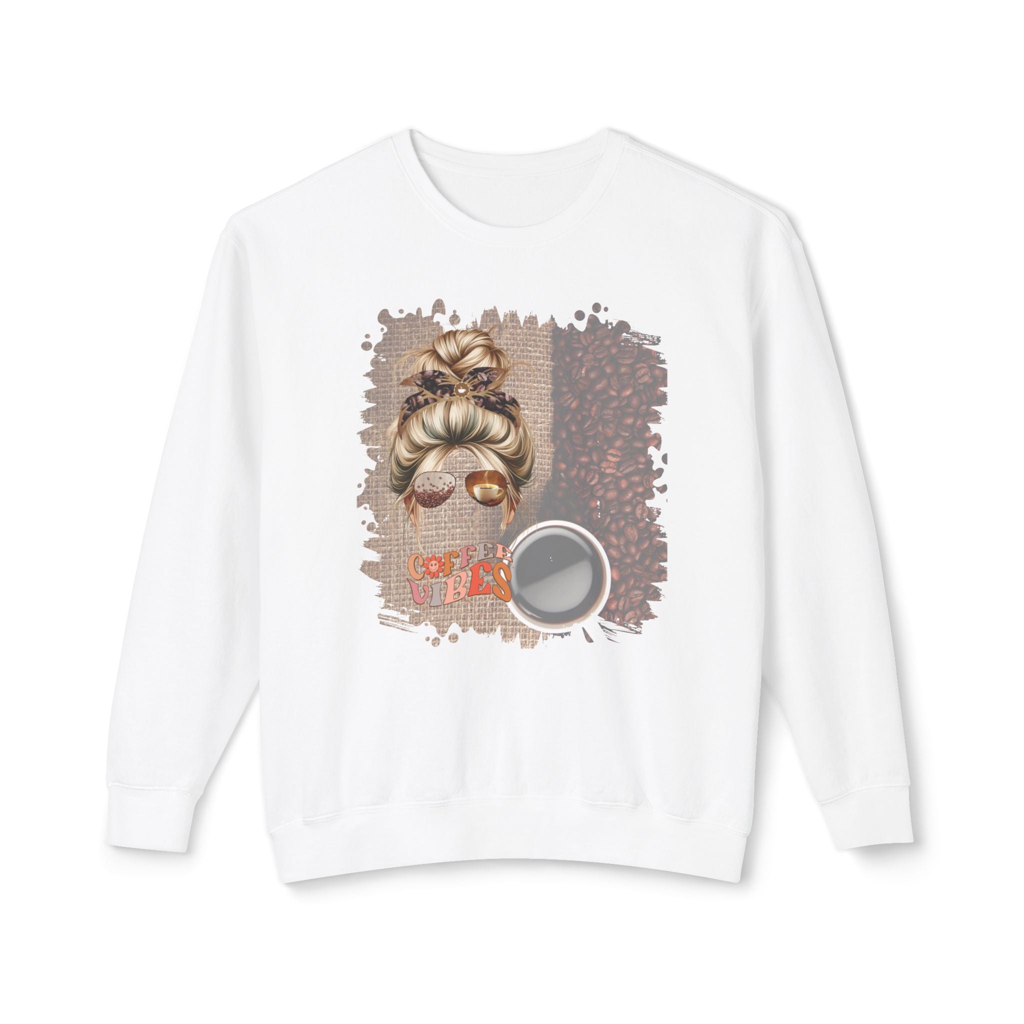 Coffee Vibes, Coffee Beans Bag, Blond Hair Messy Bun, Unisex Lightweight Crewneck Sweatshirt