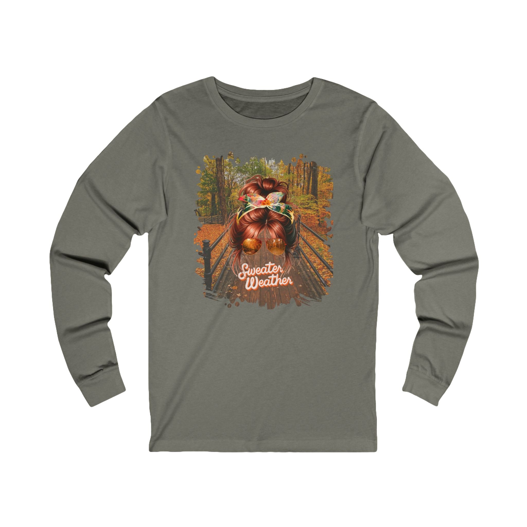 Sweater Weather Fall Hike, Red Hair Messy Bun, Unisex Jersey Long Sleeve Tee