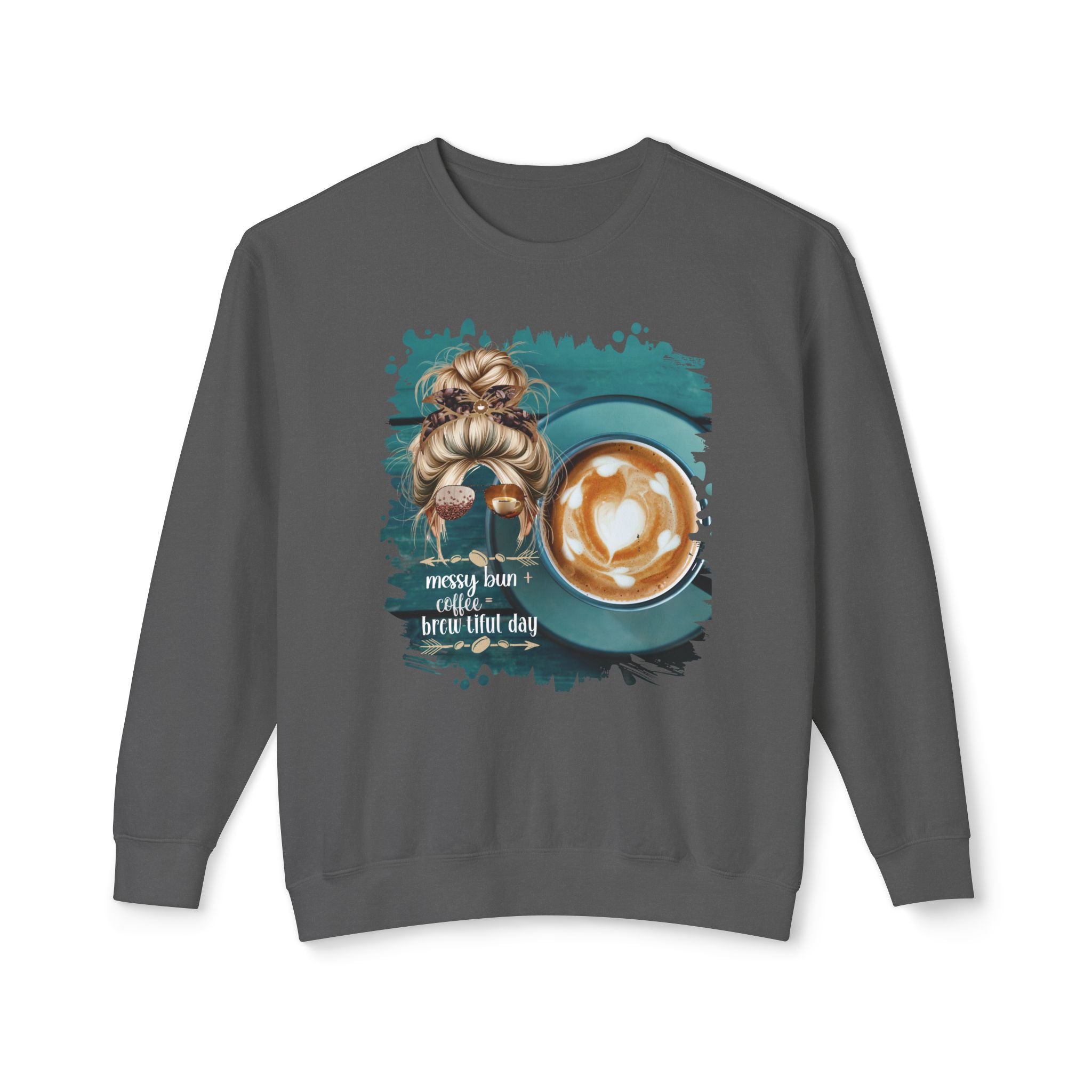 Messy Bun plus Coffee, Coffee Cup, Blond Hair Messy Bun, Unisex Lightweight Crewneck Sweatshirt