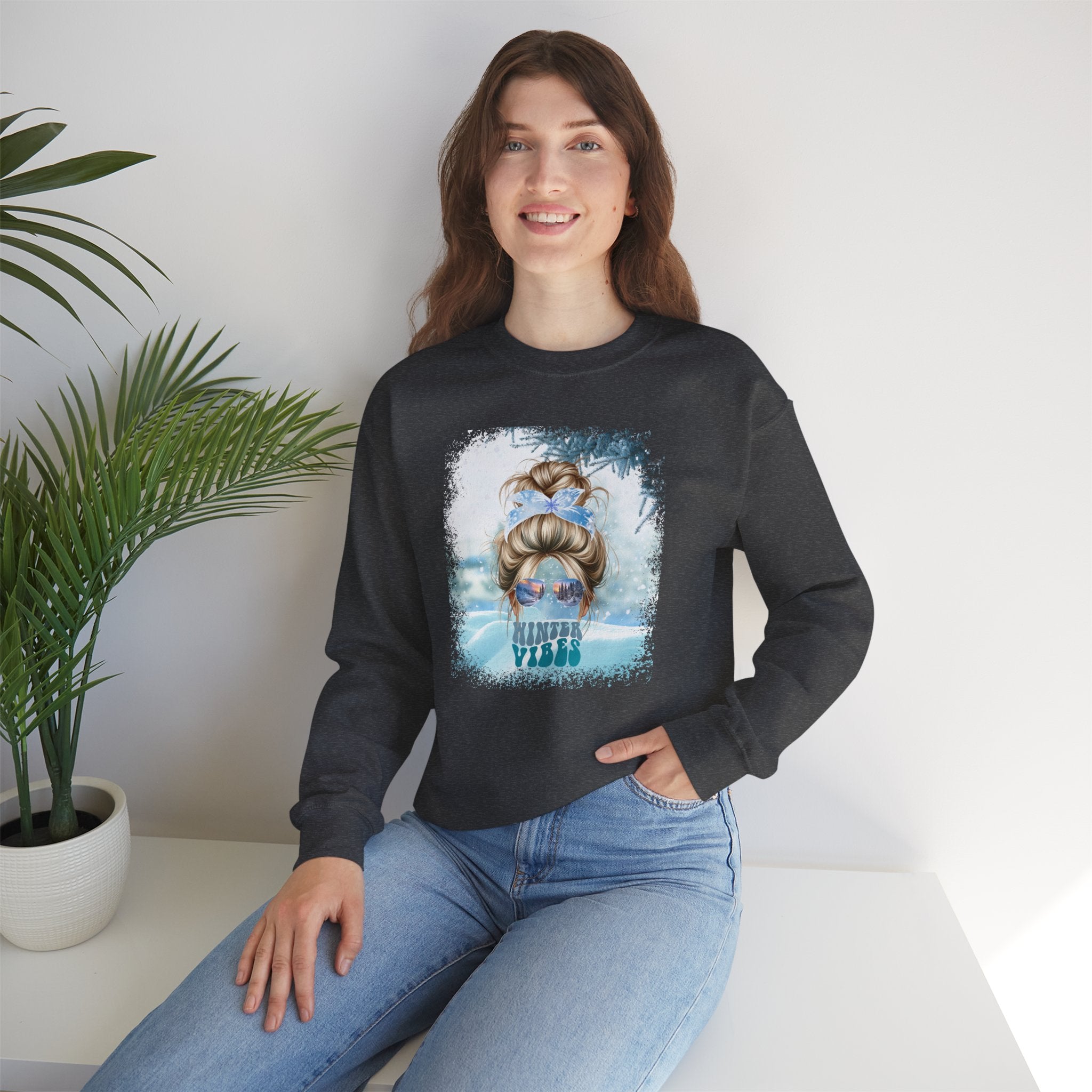 Winter Vibes Snow, Blond Hair Messy Bun, Unisex Heavy Blend™ Crewneck Sweatshirt