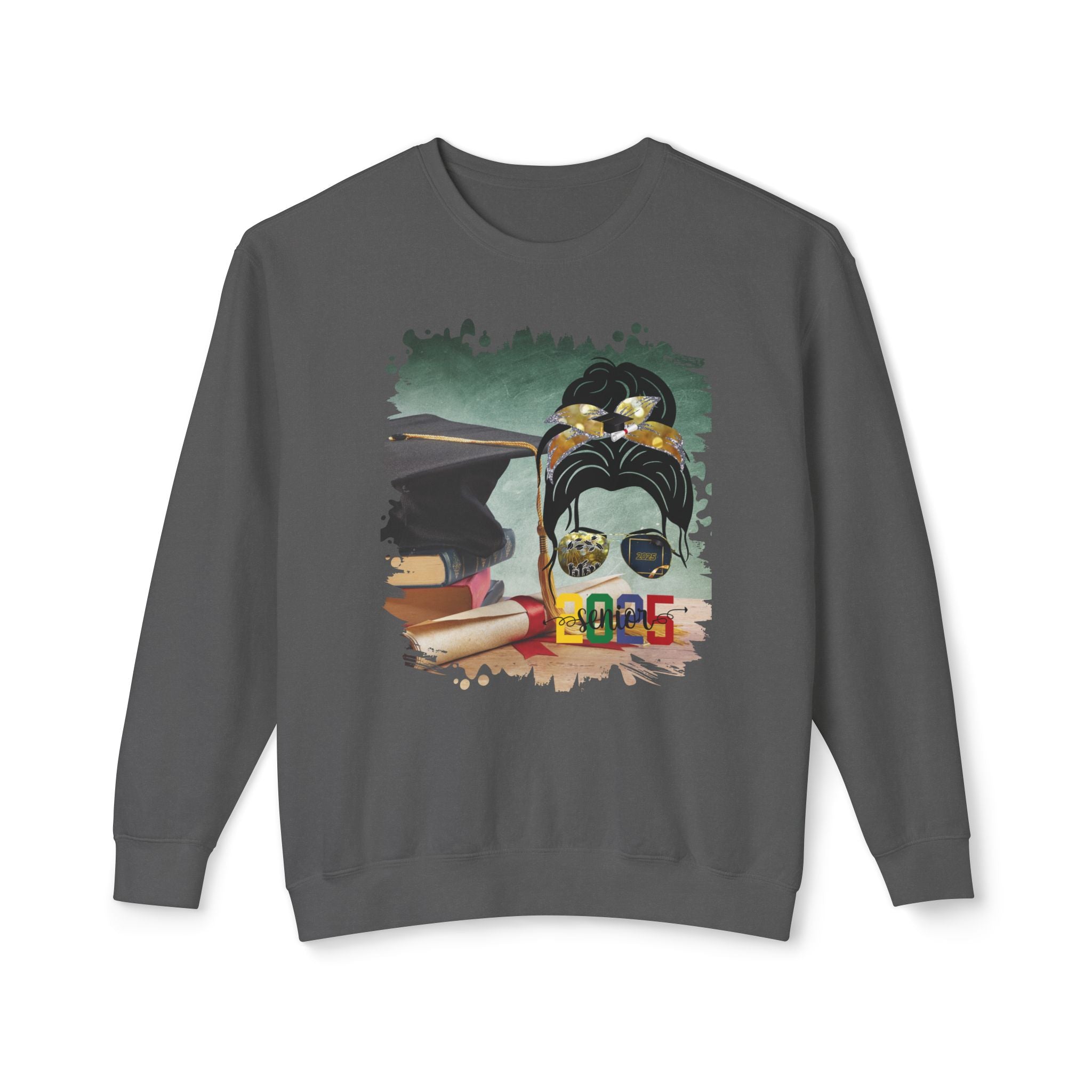 Senior 2025 Colorful, Cap & Degree/Diploma, Dark Hair Messy Bun, Unisex Lightweight Crewneck Sweatshirt