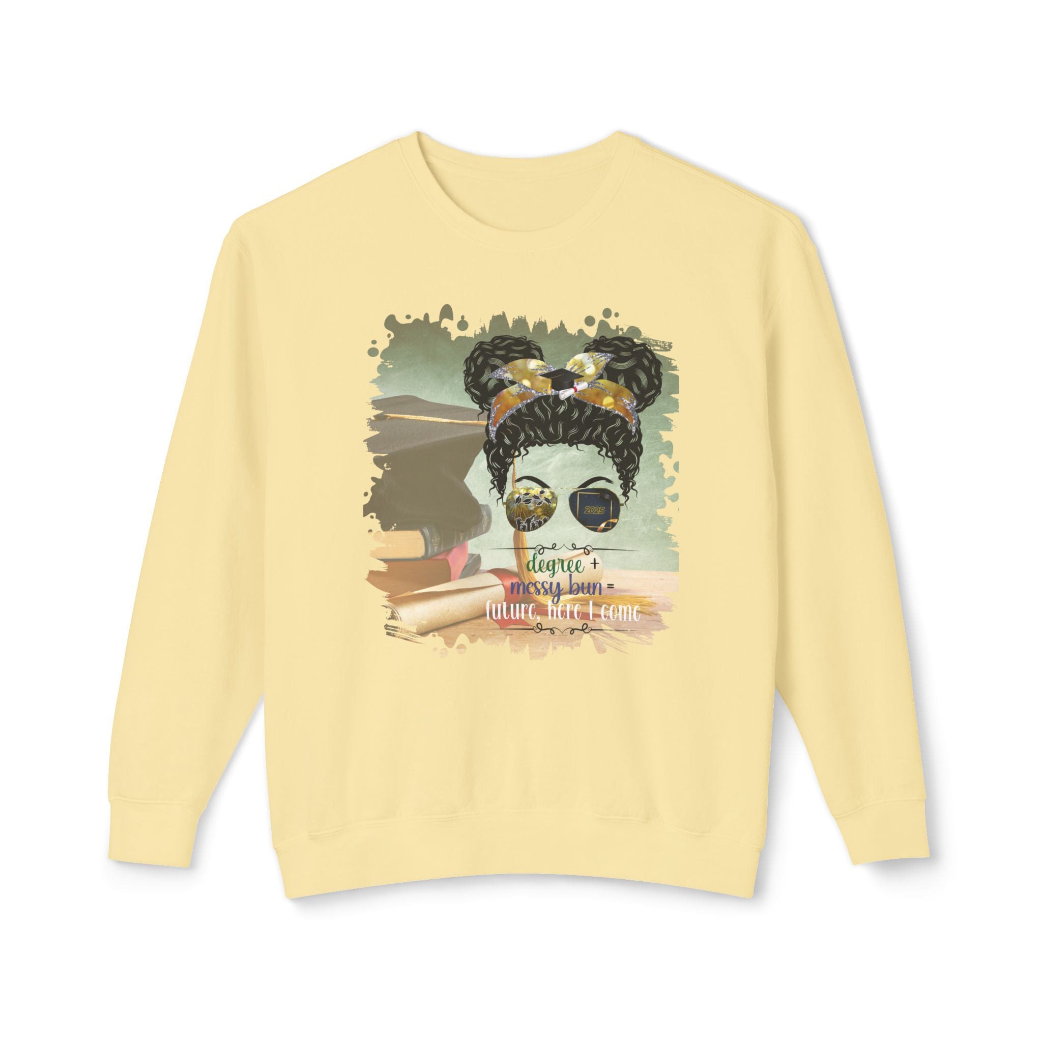Degree + Messy Bun, Cap & Degree/Diploma, Black Hair Messy Bun, Unisex Lightweight Crewneck Sweatshirt