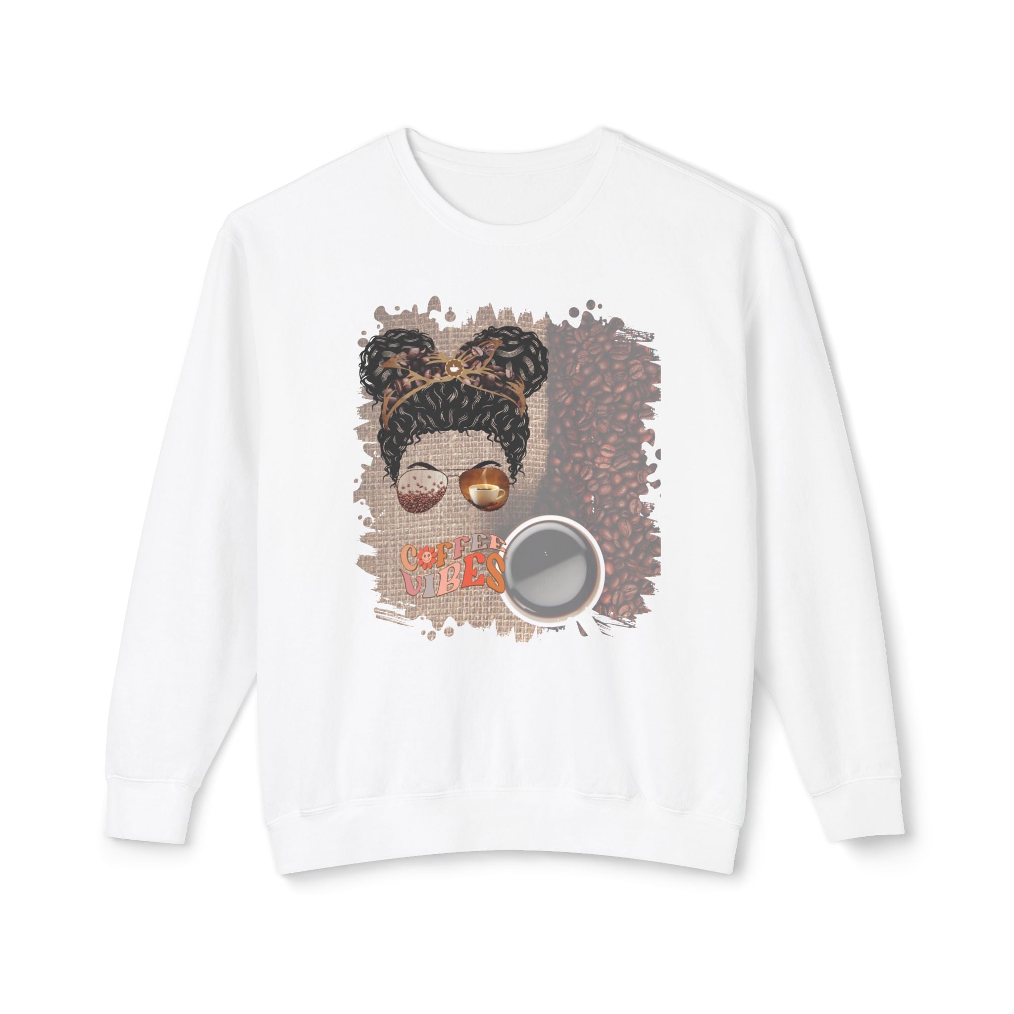 Coffee Vibes, Coffee Beans Bag, Black Hair Messy Bun, Unisex Lightweight Crewneck Sweatshirt
