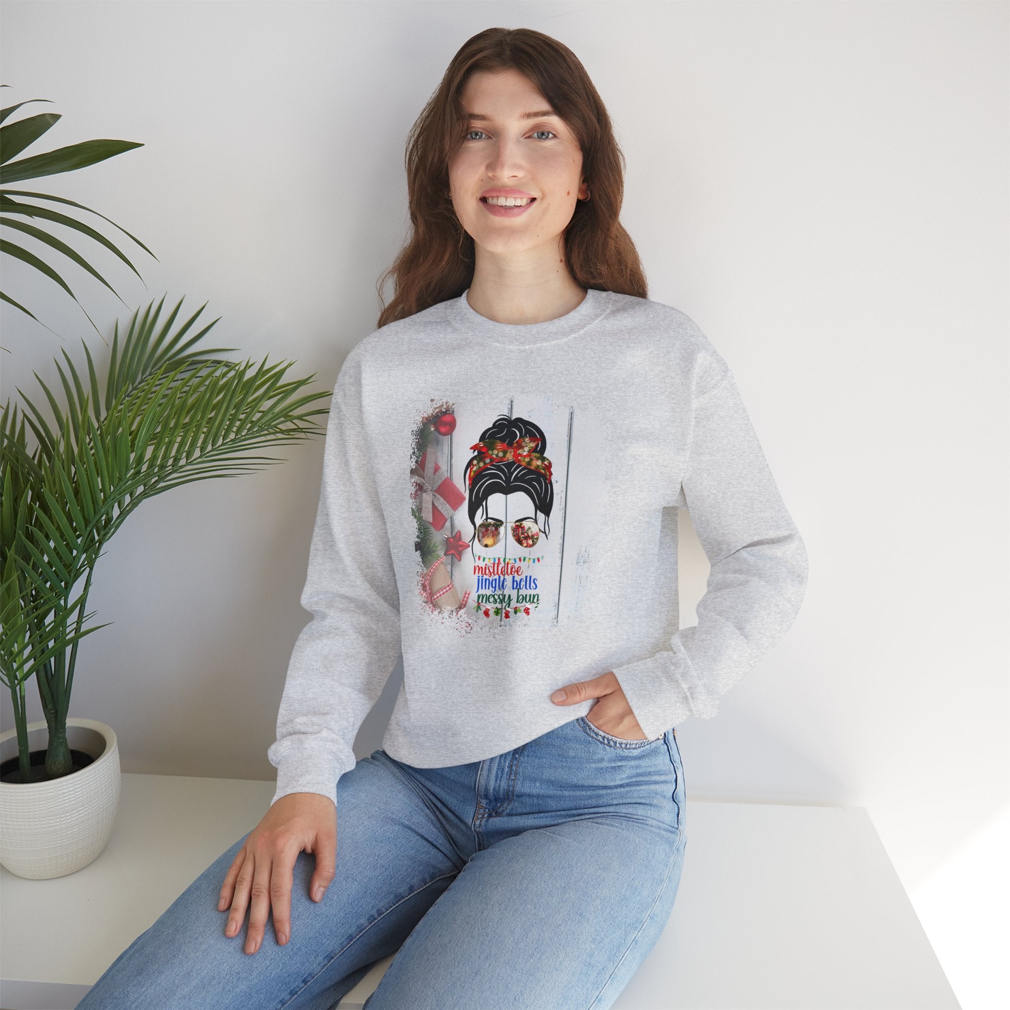 Messy Bun Christmas Presents, Dark Hair Messy Bun, Unisex Heavy Blend™ Crewneck Sweatshirt