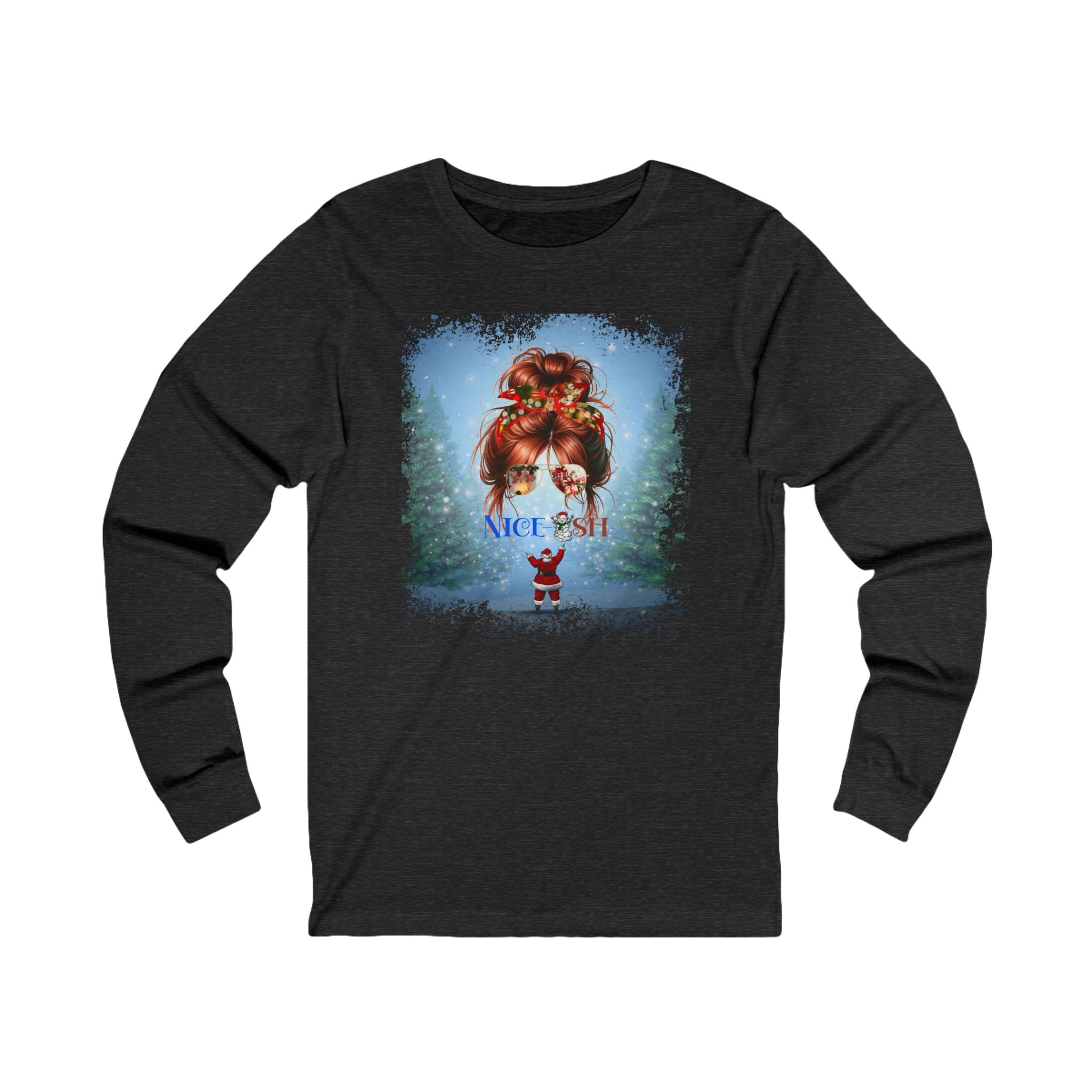 Nice-ish Santa, Red Hair Messy Bun, Unisex Jersey Long Sleeve Tee