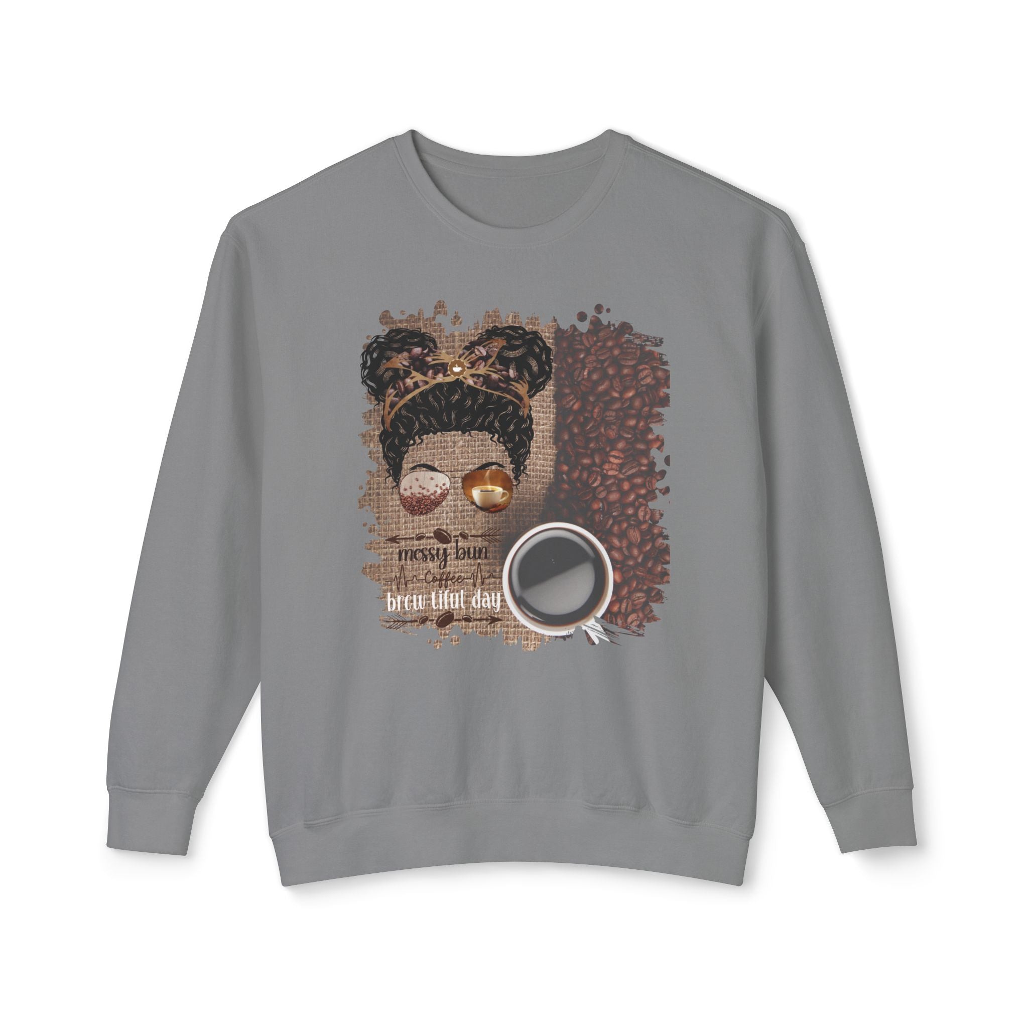 Coffee Heartbeat, Coffee Beans Bag, Black Hair Messy Bun, Unisex Lightweight Crewneck Sweatshirt