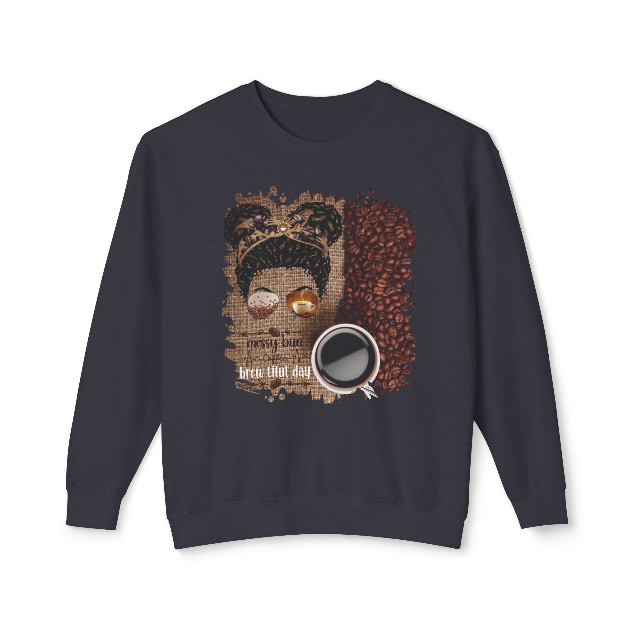 Coffee Heartbeat, Coffee Beans Bag, Black Hair Messy Bun, Unisex Lightweight Crewneck Sweatshirt