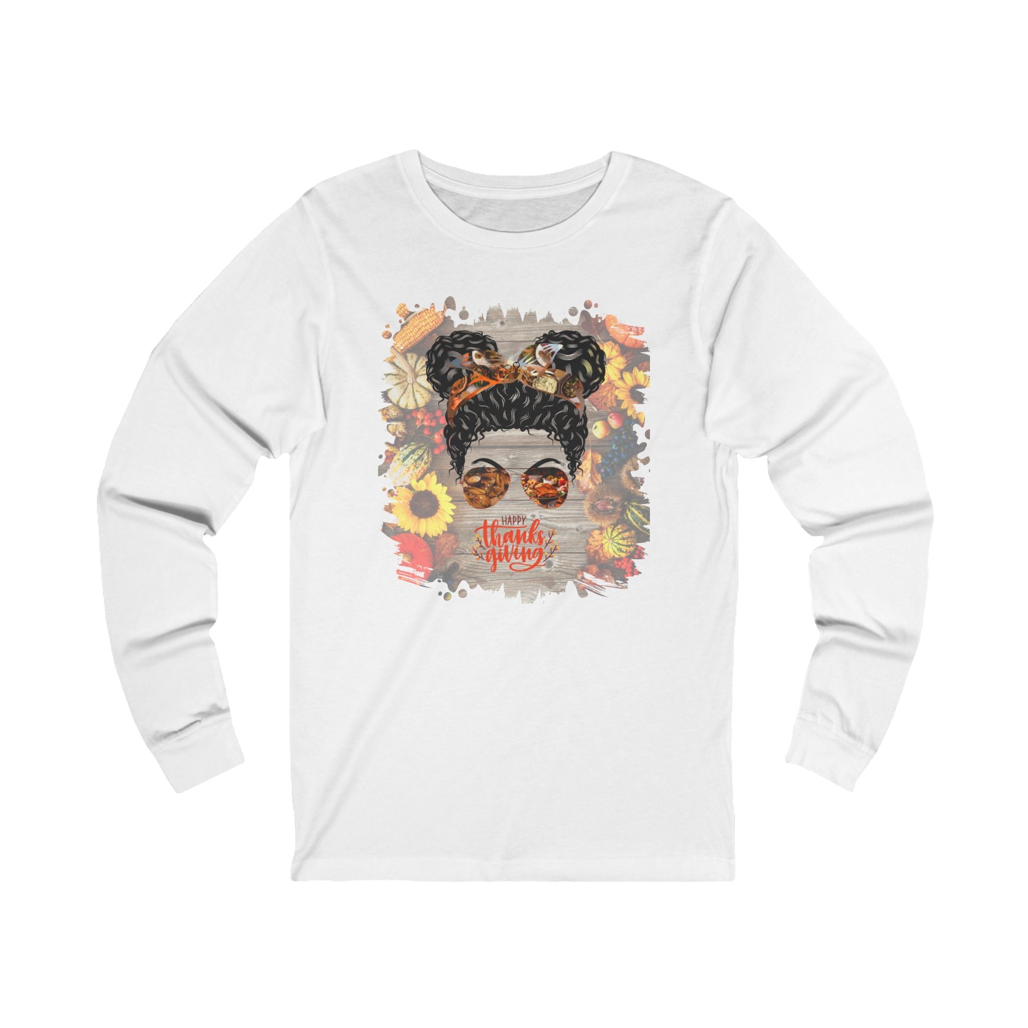 Happy Thanksgiving Decorated Background, Black Hair Messy Bun, Unisex Jersey Long Sleeve Tee