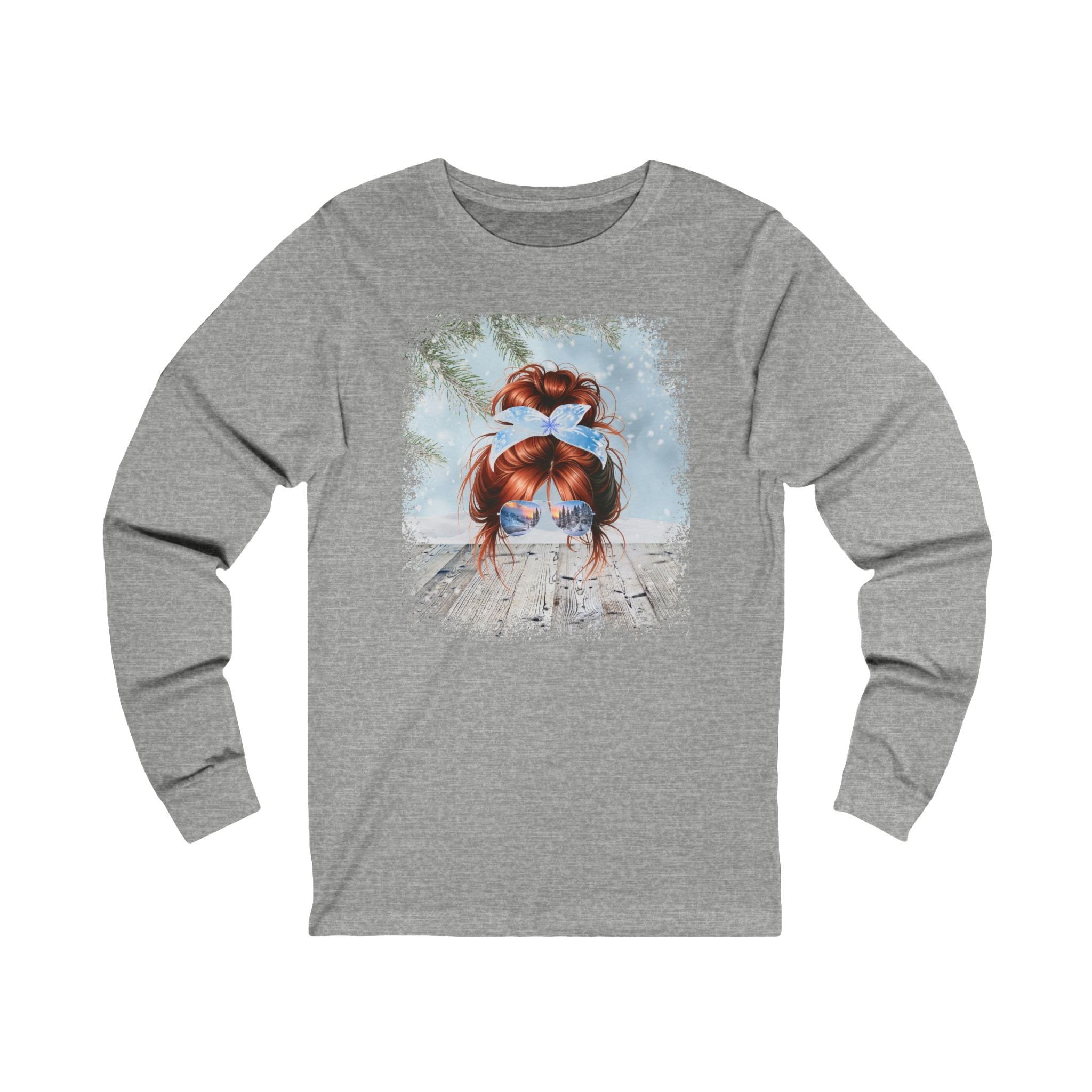 Winter Snowy Porch, Red Hair Messy Bun, Unisex Jersey Long Sleeve Tee