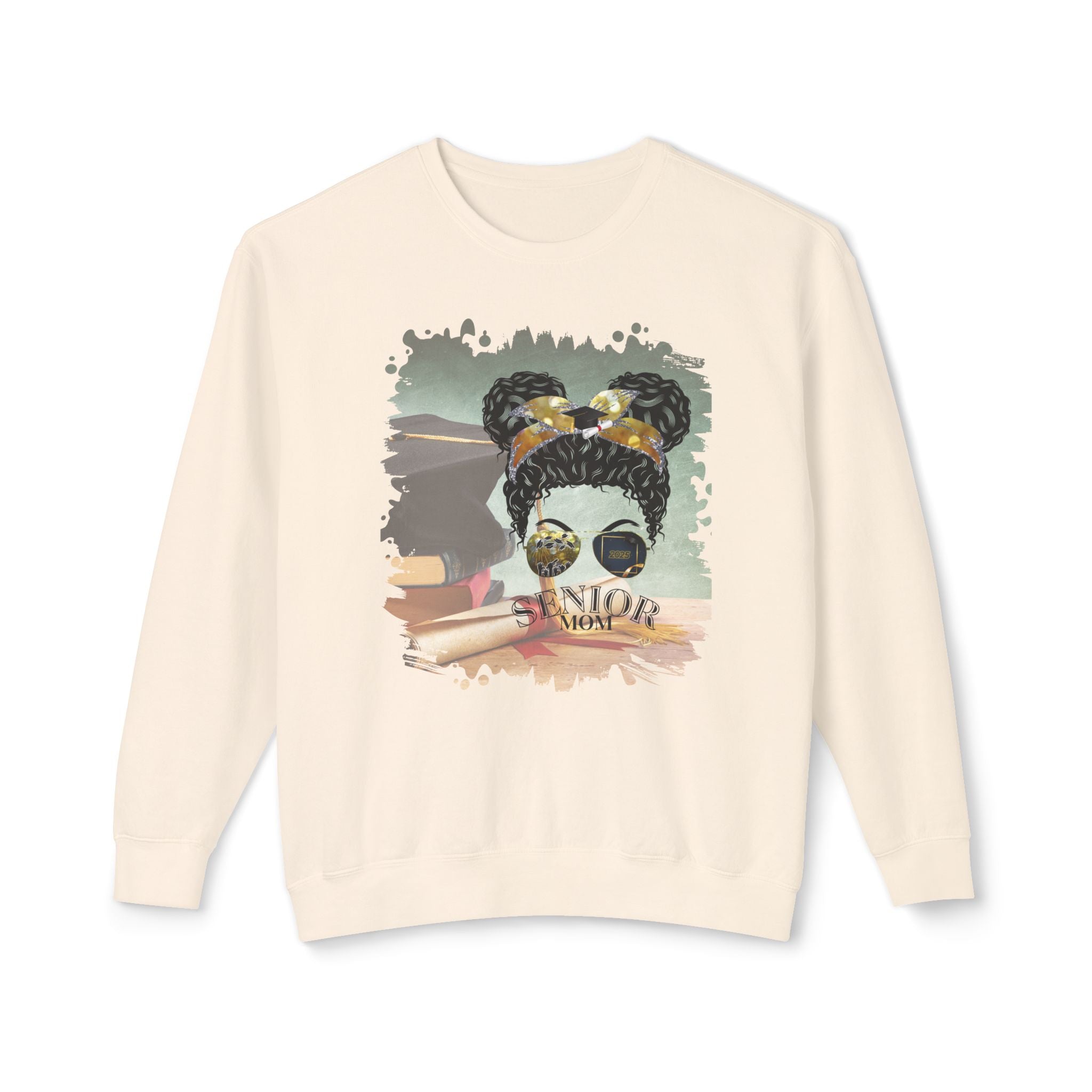 Senior Mom, Cap & Degree/Diploma, Black Hair Messy Bun, Unisex Lightweight Crewneck Sweatshirt