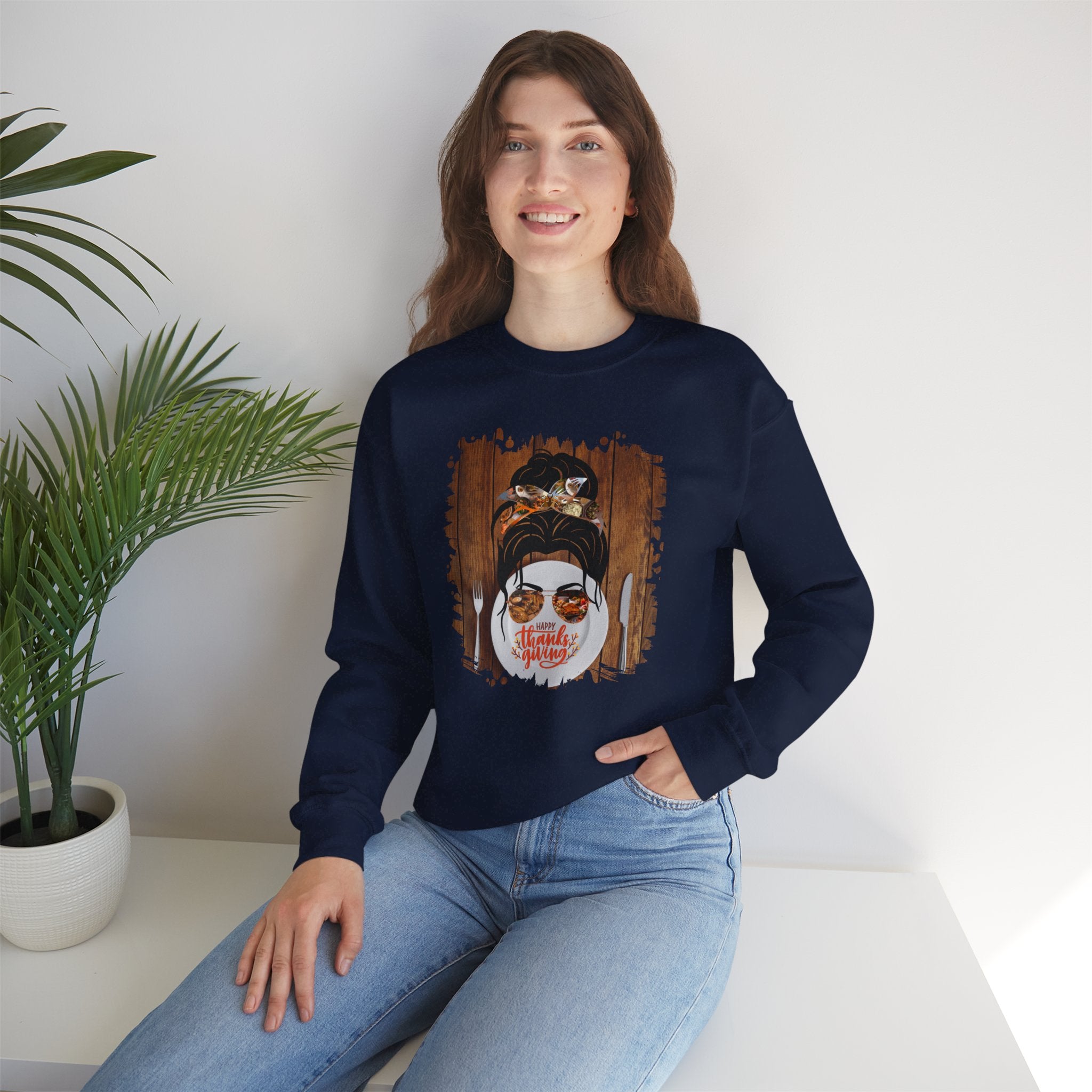 Happy Thanksgiving Plate Setting, Dark Hair Messy Bun, Unisex Heavy Blend™ Crewneck Sweatshirt