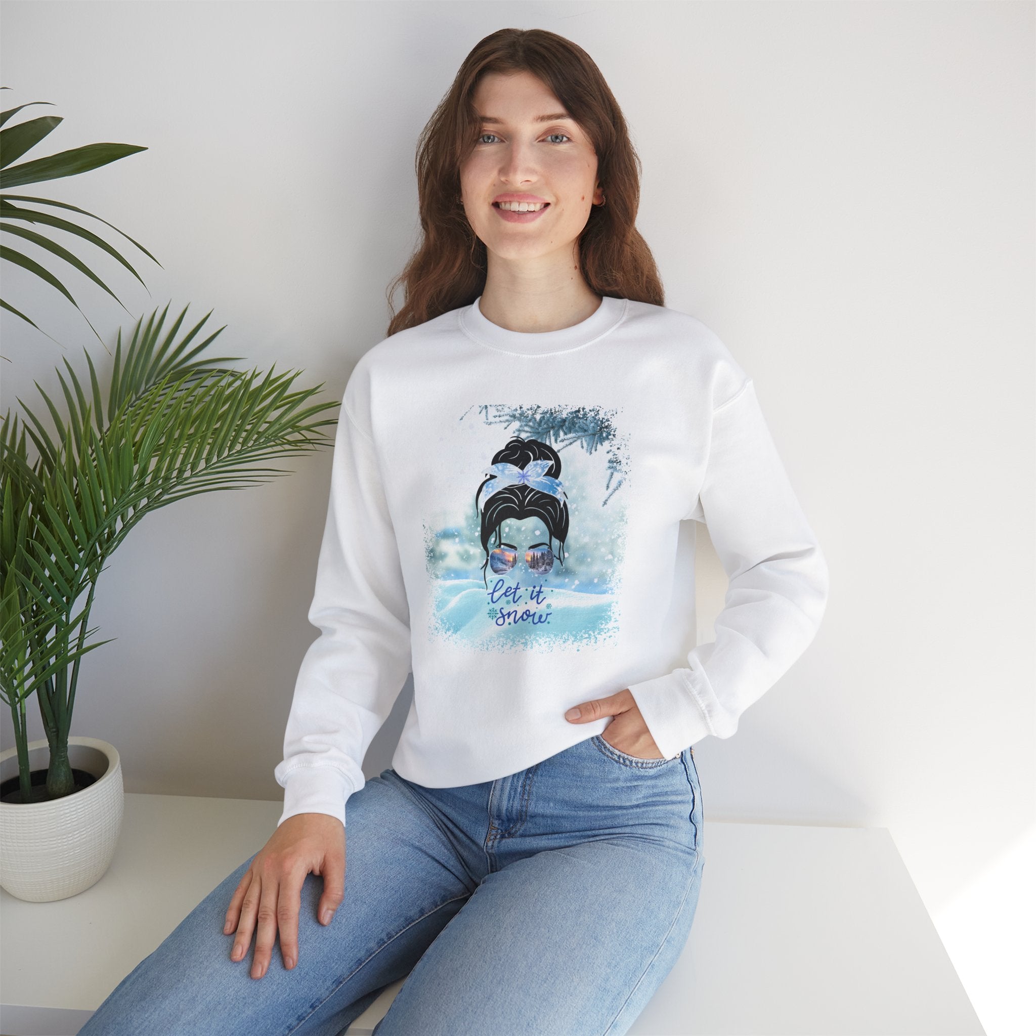 Let it Snow, Snow, Dark Hair Messy Bun, Unisex Heavy Blend™ Crewneck Sweatshirt