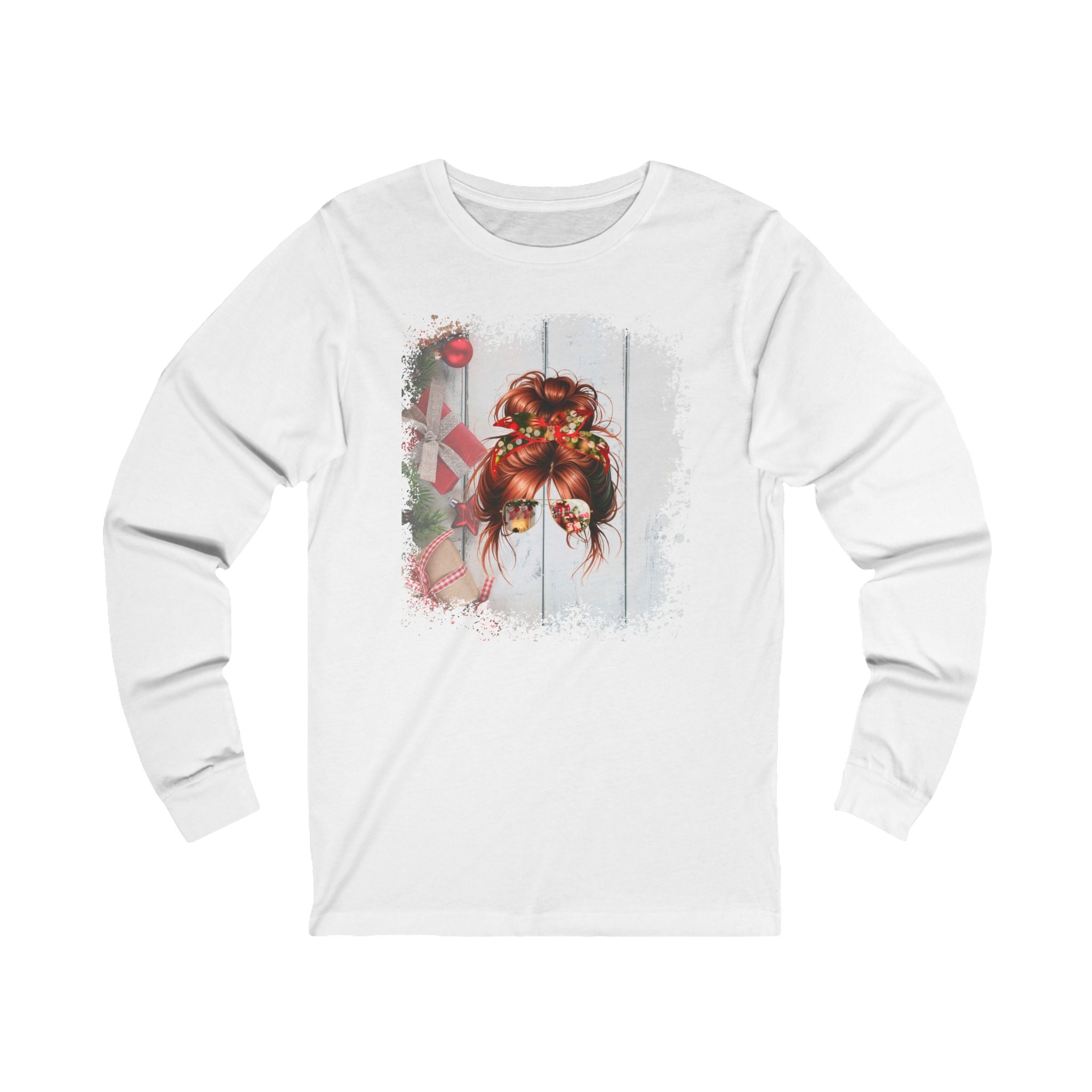 Christmas Presents, Red Hair Messy Bun, Unisex Jersey Long Sleeve Tee