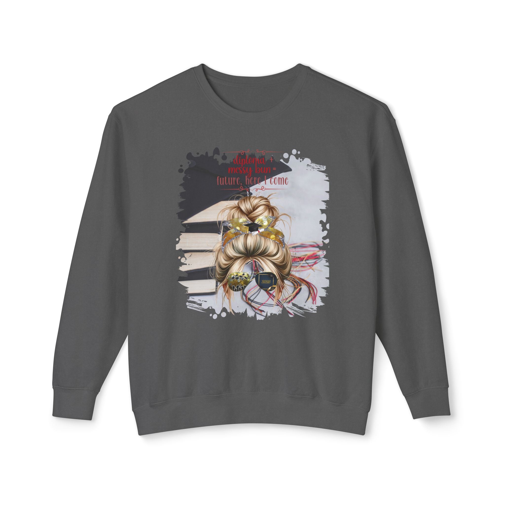 Diploma + Messy Bun, Cap & Books, Blond Hair Messy Bun, Unisex Lightweight Crewneck Sweatshirt