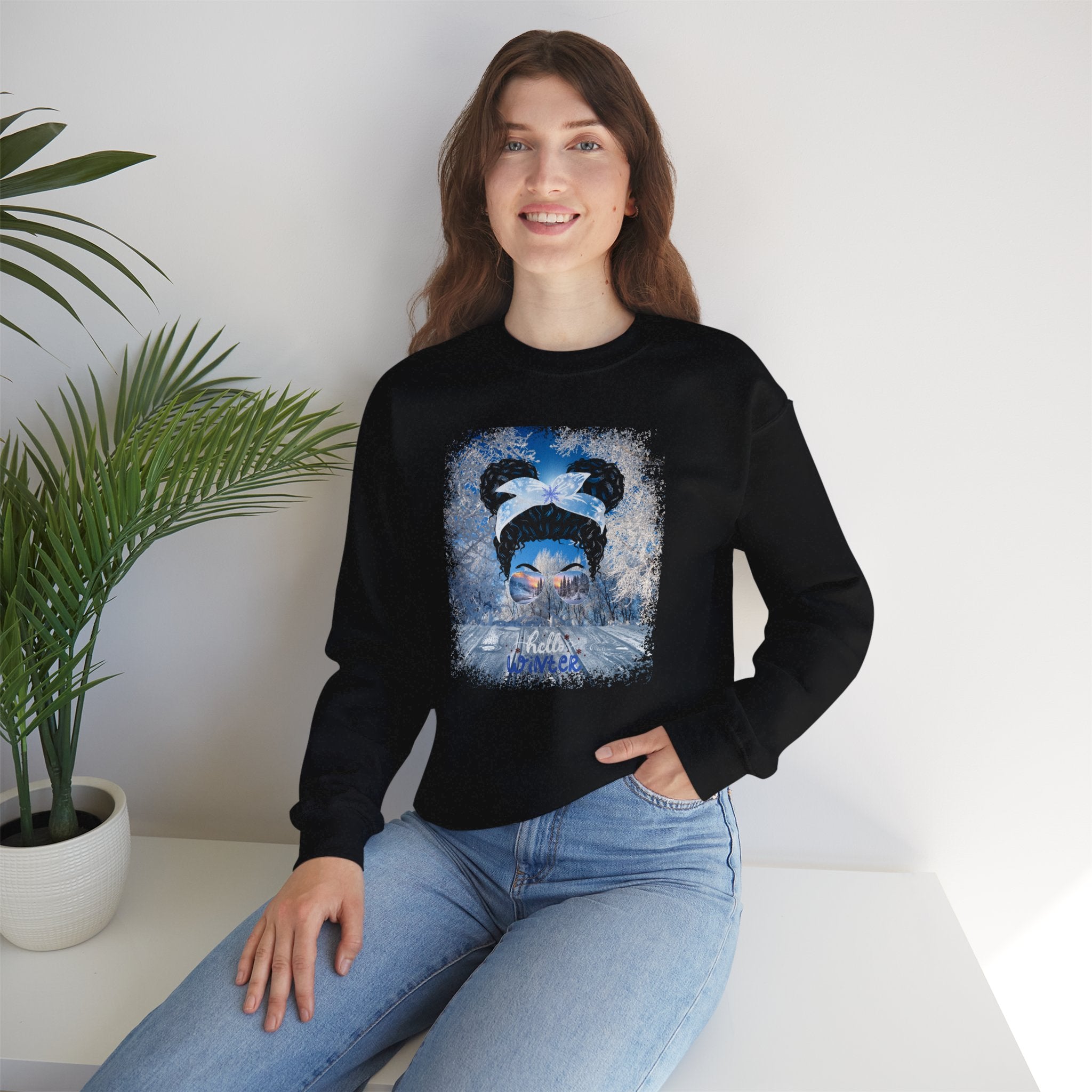 Hello Winter, Winter Porch, Black Hair Messy Bun, Unisex Heavy Blend™ Crewneck Sweatshirt