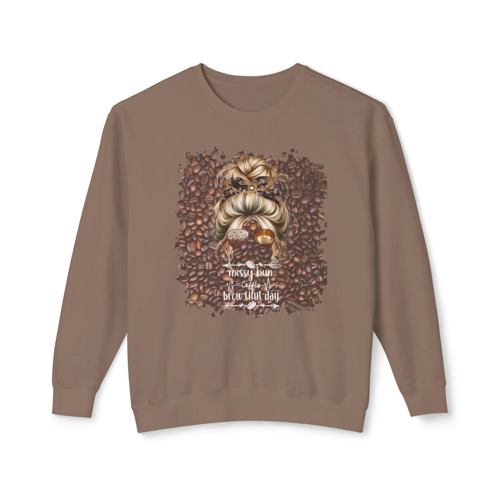 Coffee Heartbeat, Coffee Beans, Blond Hair Messy Bun, Unisex Lightweight Crewneck Sweatshirt