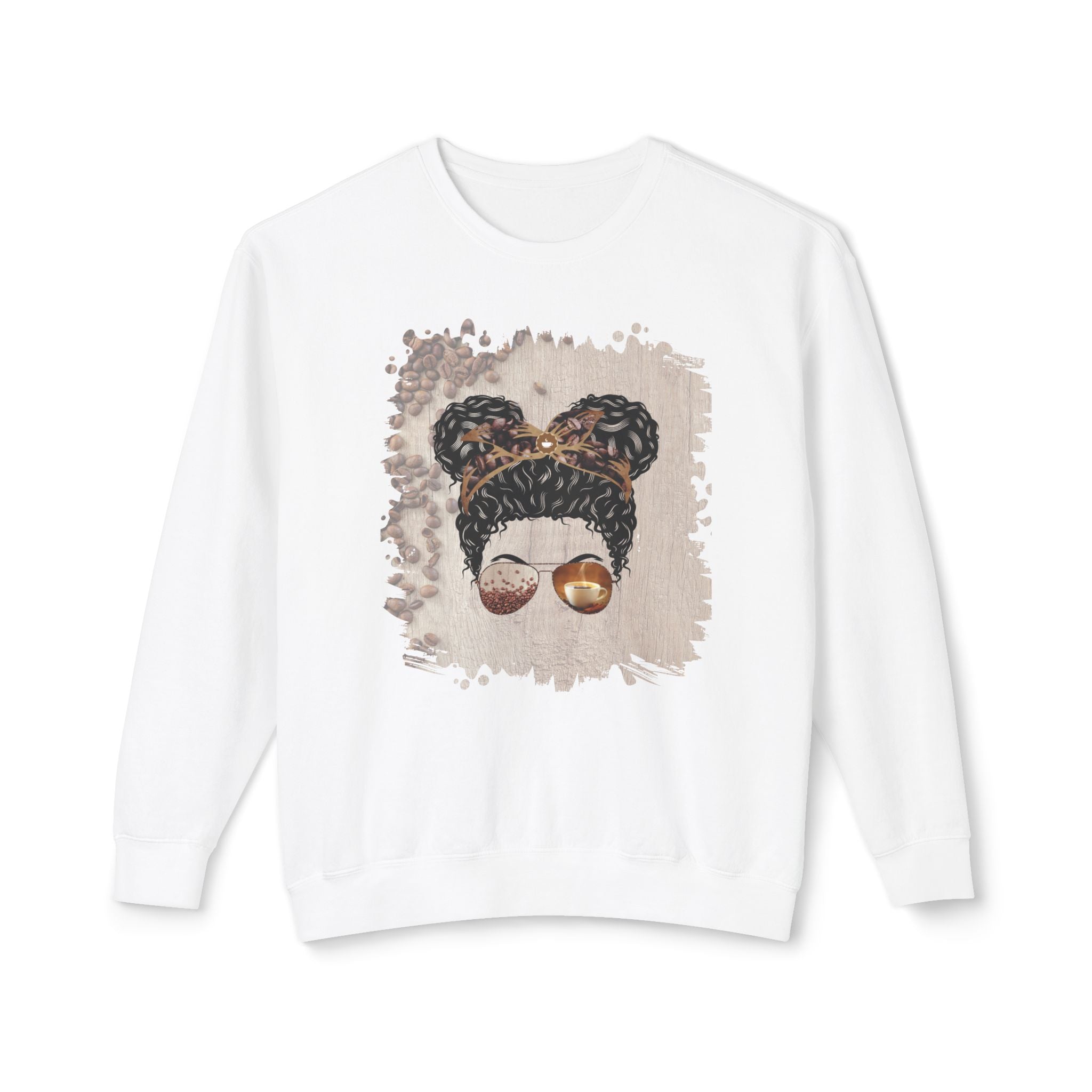 Coffee Beans Table, Black Hair Messy Bun, Unisex Lightweight Crewneck Sweatshirt