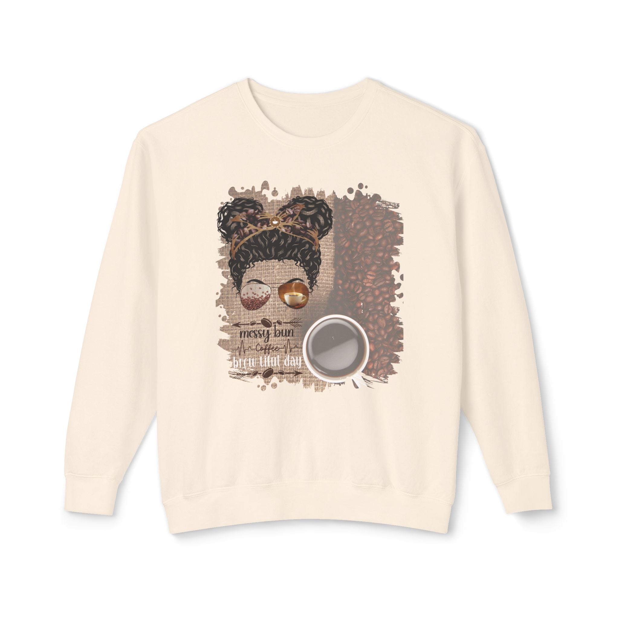 Coffee Heartbeat, Coffee Beans Bag, Black Hair Messy Bun, Unisex Lightweight Crewneck Sweatshirt