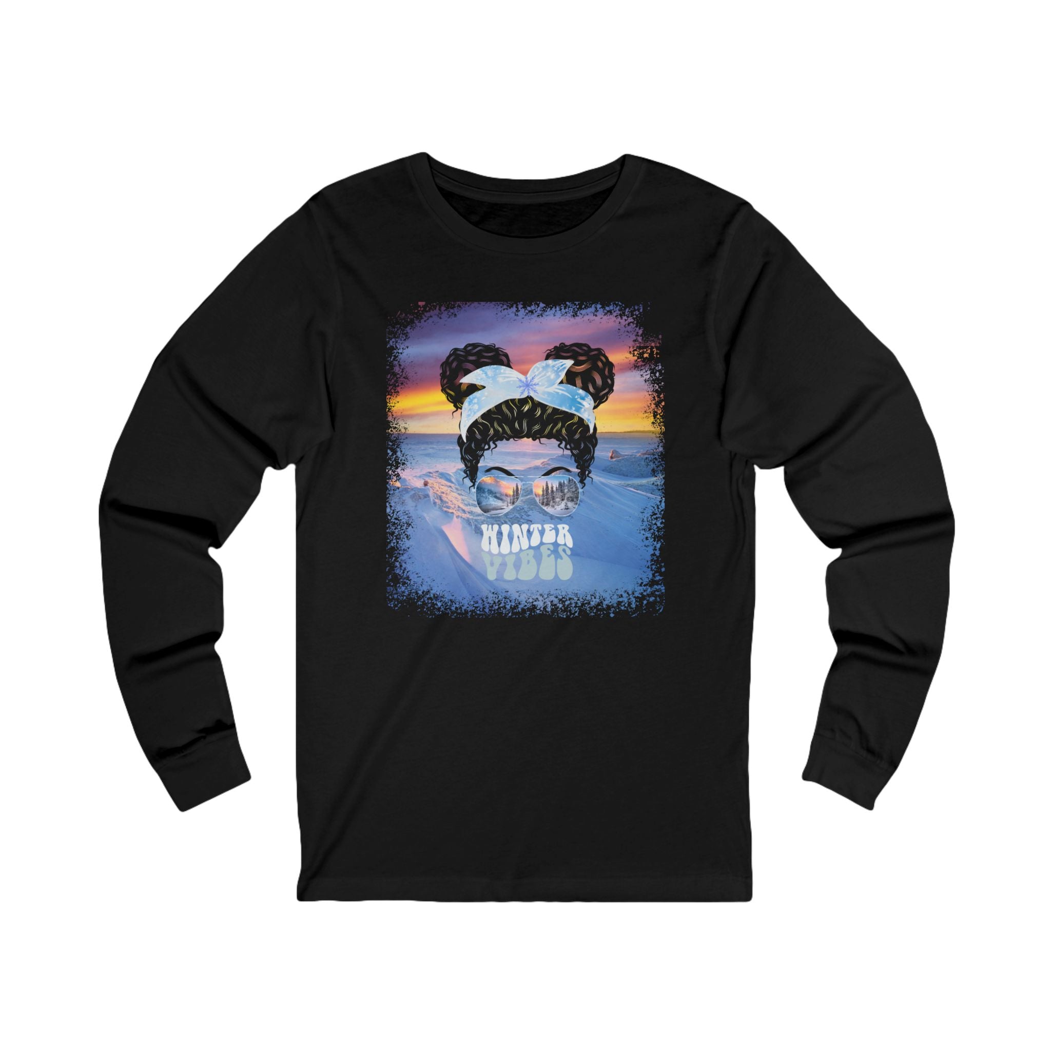 Winter Vibes Winter Mountain, Black Hair Messy Bun, Unisex Jersey Long Sleeve Tee