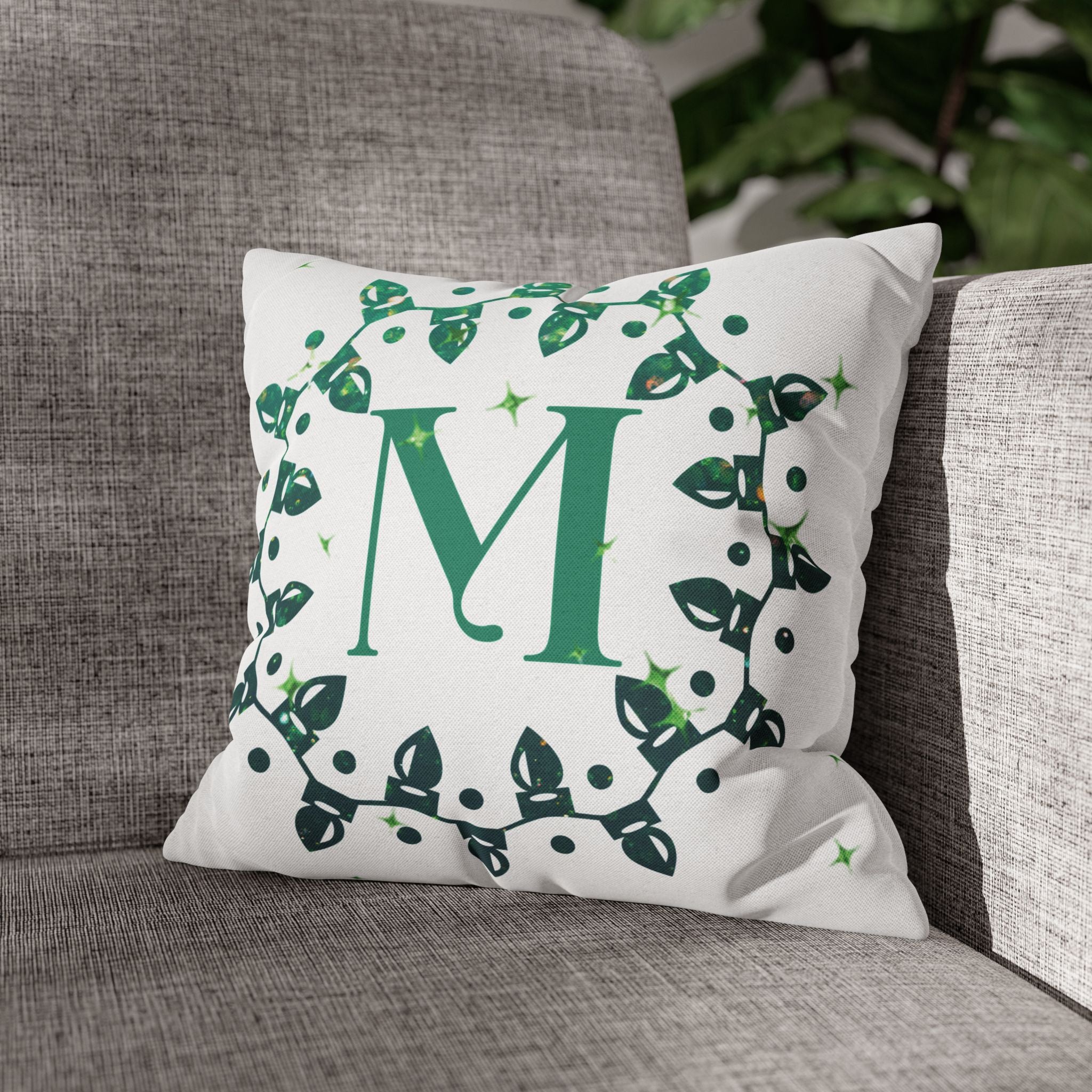 Monogram Christmas Lights, Personalized Monogram, Green Lights, Throw Pillow Case