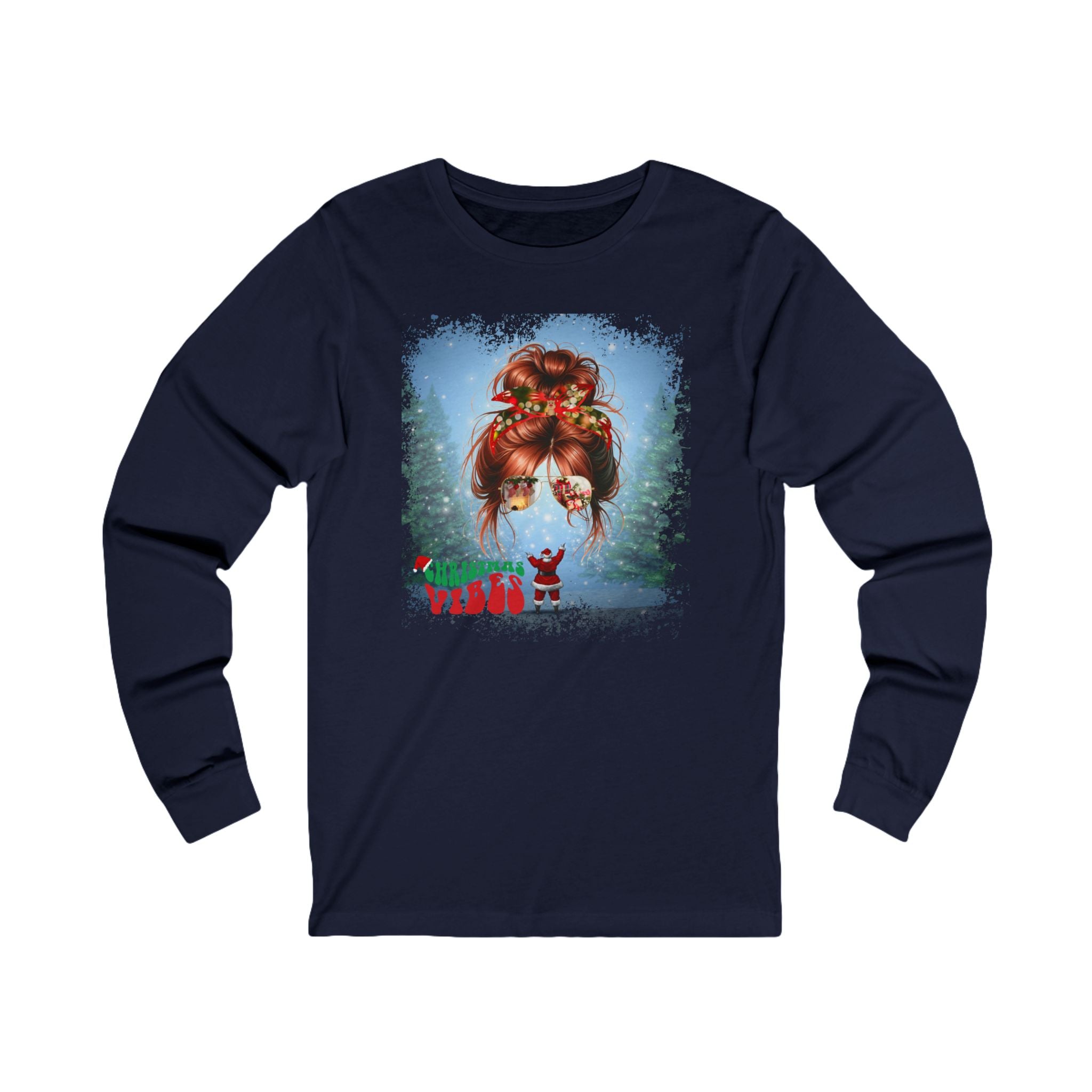 Christmas Vibes Santa, Red Hair Messy Bun, Unisex Jersey Long Sleeve Tee