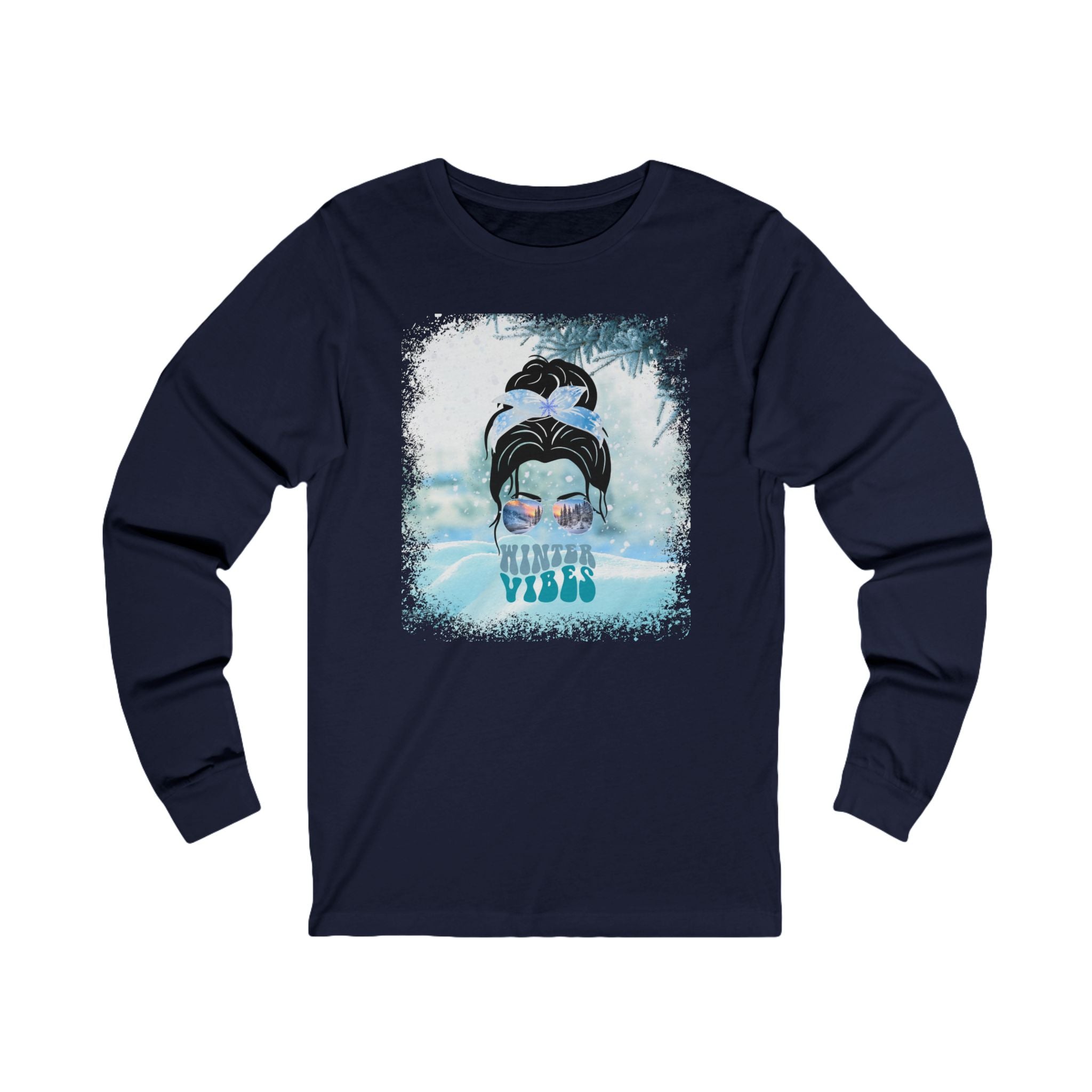 Winter Vibes Snow, Dark Hair Messy Bun, Unisex Jersey Long Sleeve Tee