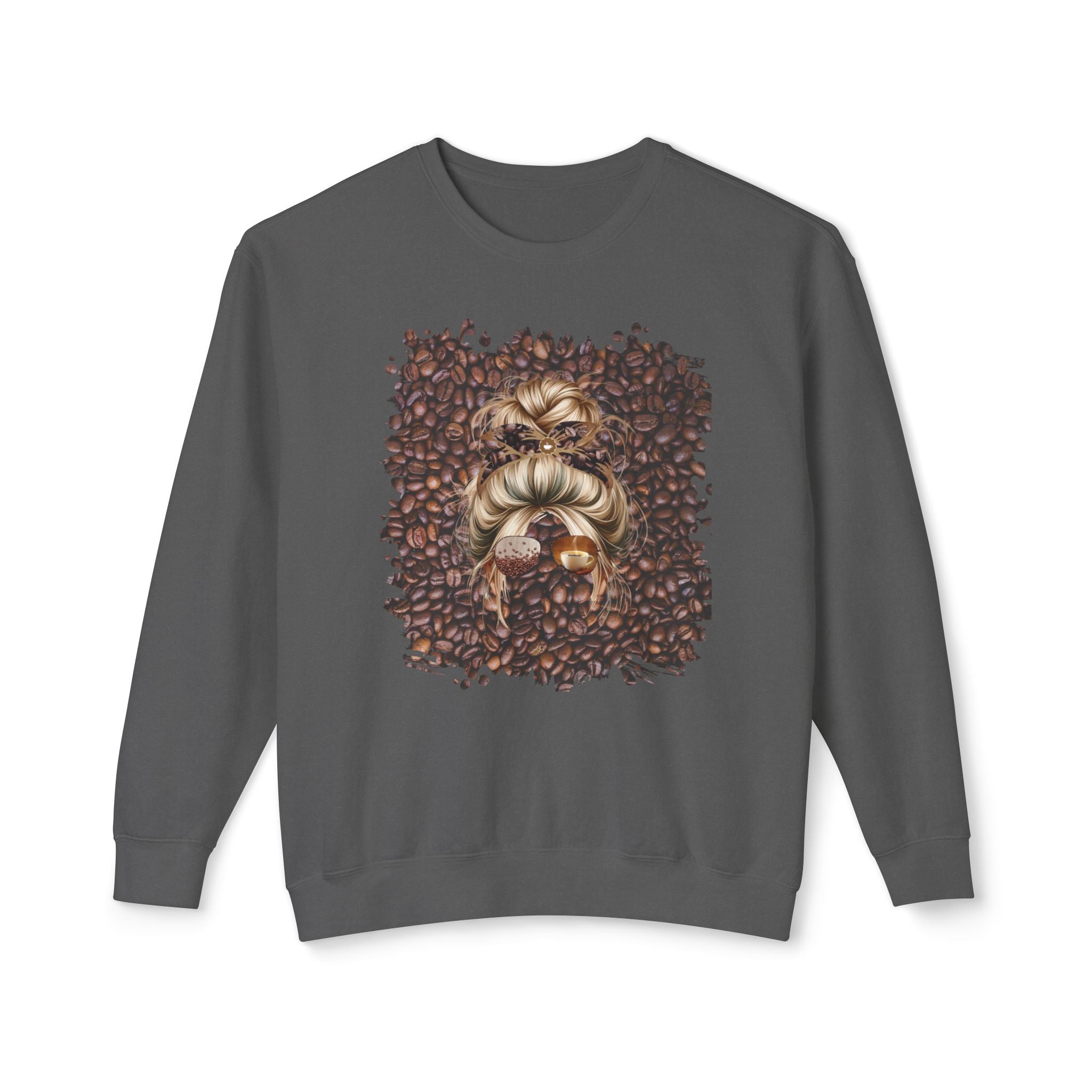 Coffee Beans, Blond Hair Messy Bun, Unisex Lightweight Crewneck Sweatshirt