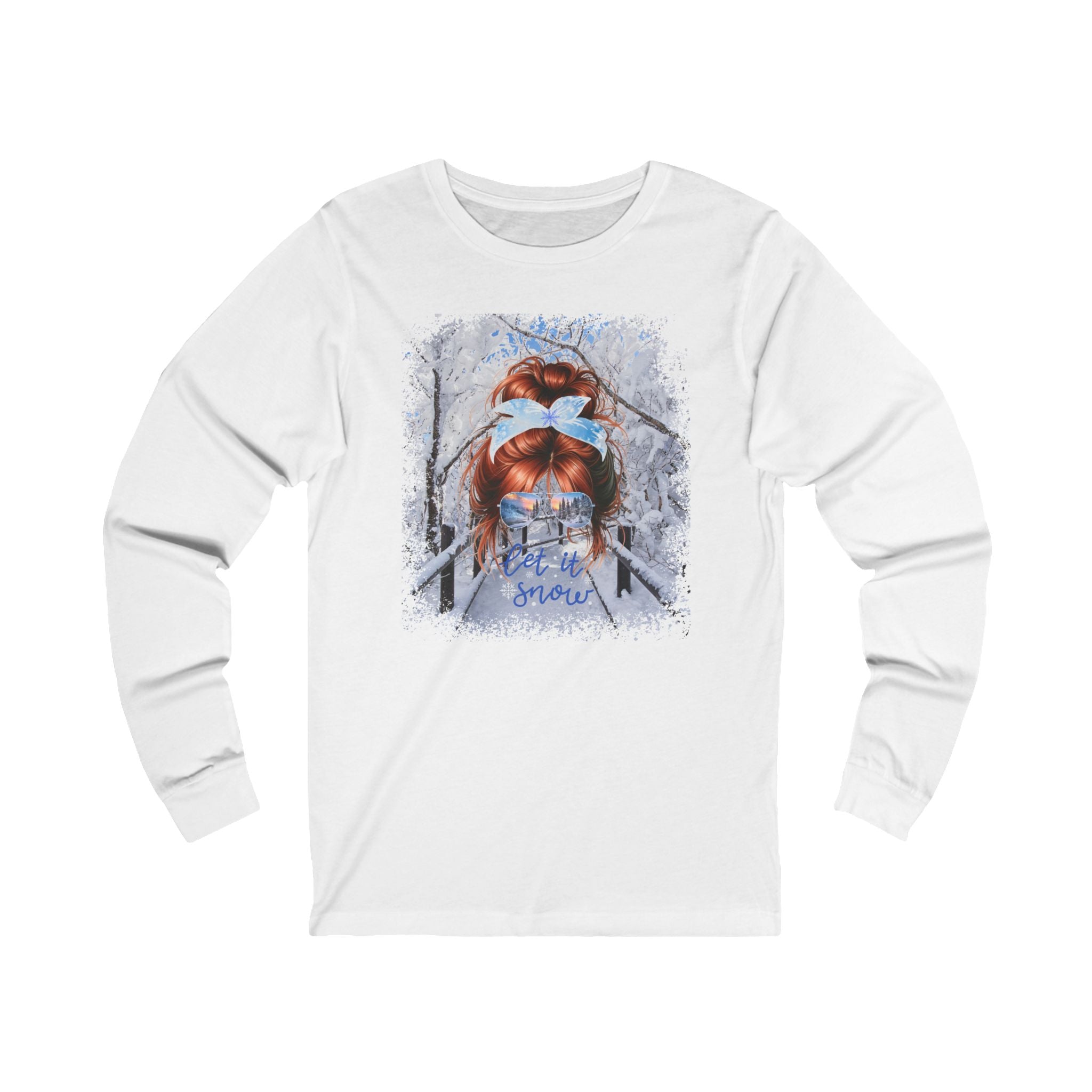 Let it Snow Winter Hike, Red Hair Messy Bun, Unisex Jersey Long Sleeve Tee