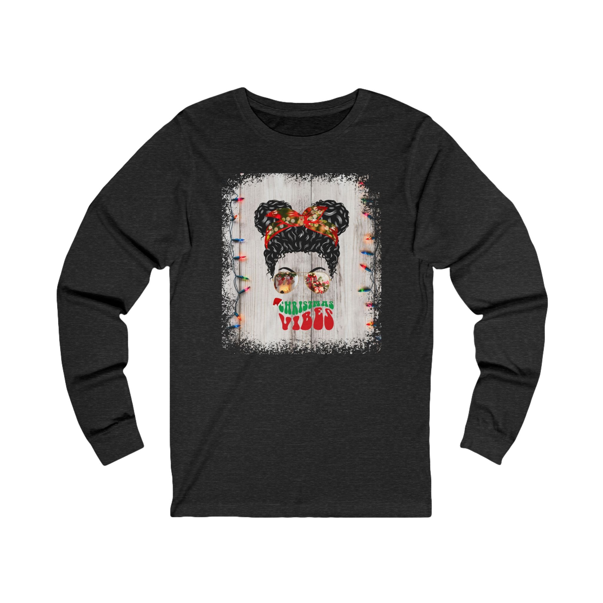 Christmas Vibes Christmas Lights String, Black Hair Messy Bun, Unisex Jersey Long Sleeve Tee