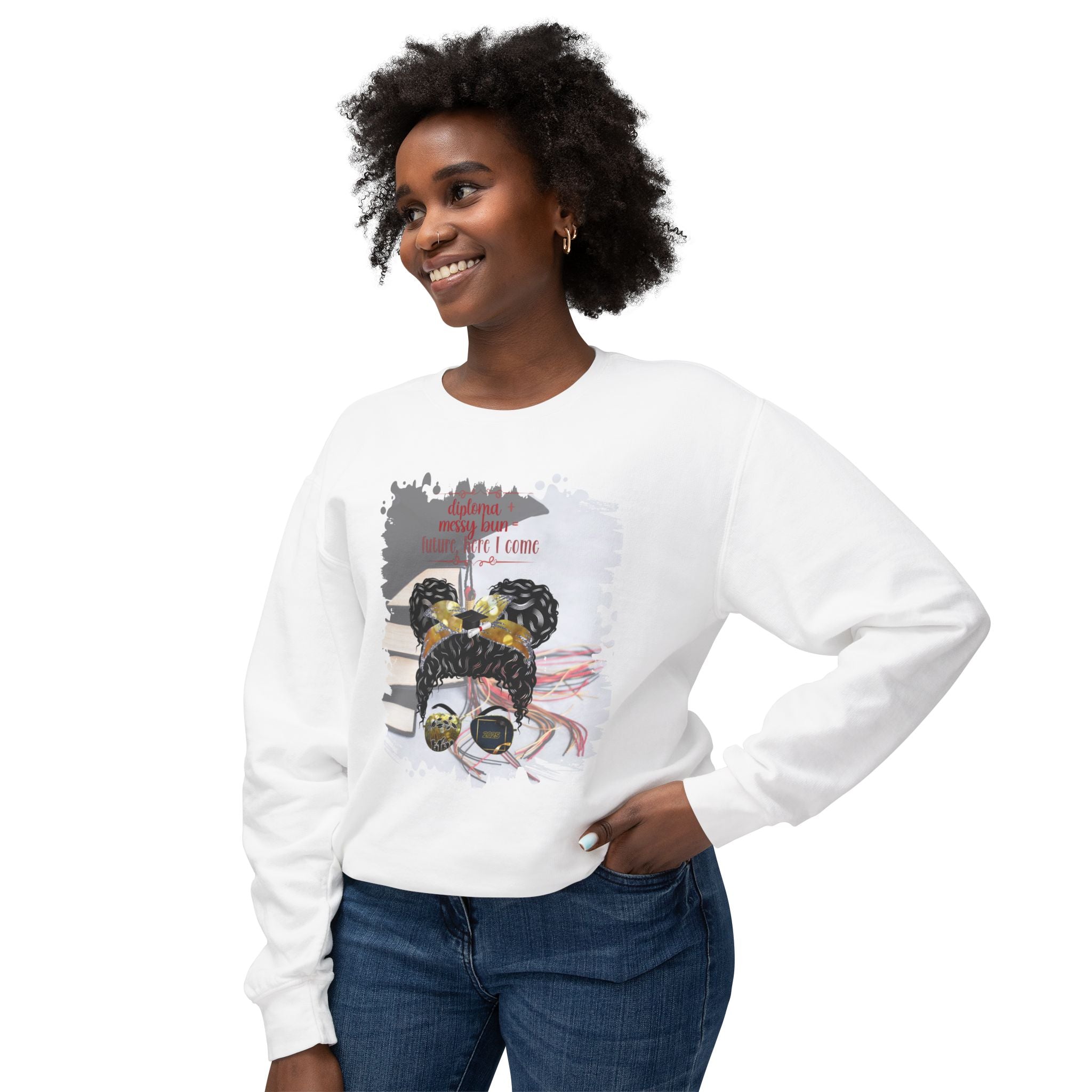 Diploma + Messy Bun, Cap & Books, Black Hair Messy Bun, Unisex Lightweight Crewneck Sweatshirt