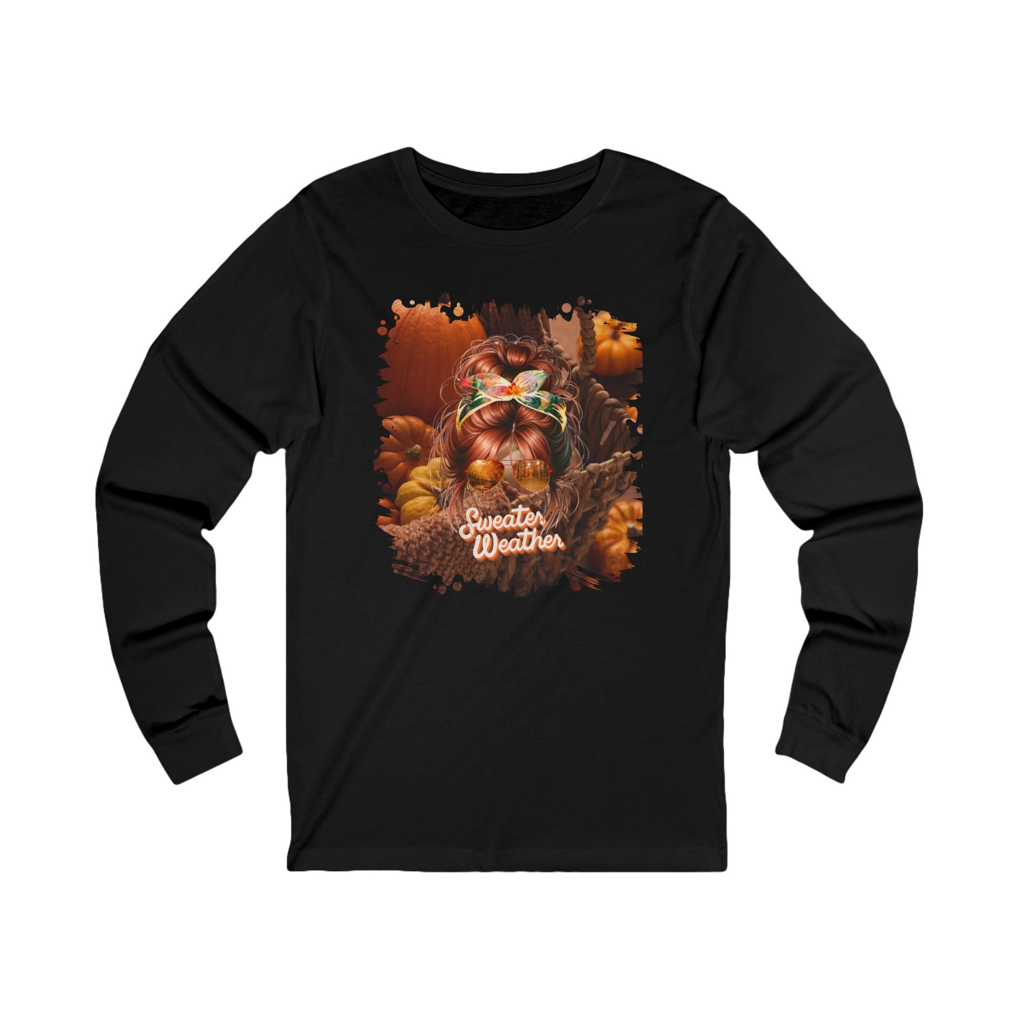 Sweater Weather Fall Pumpkins, Red Hair Messy Bun, Unisex Jersey Long Sleeve Tee