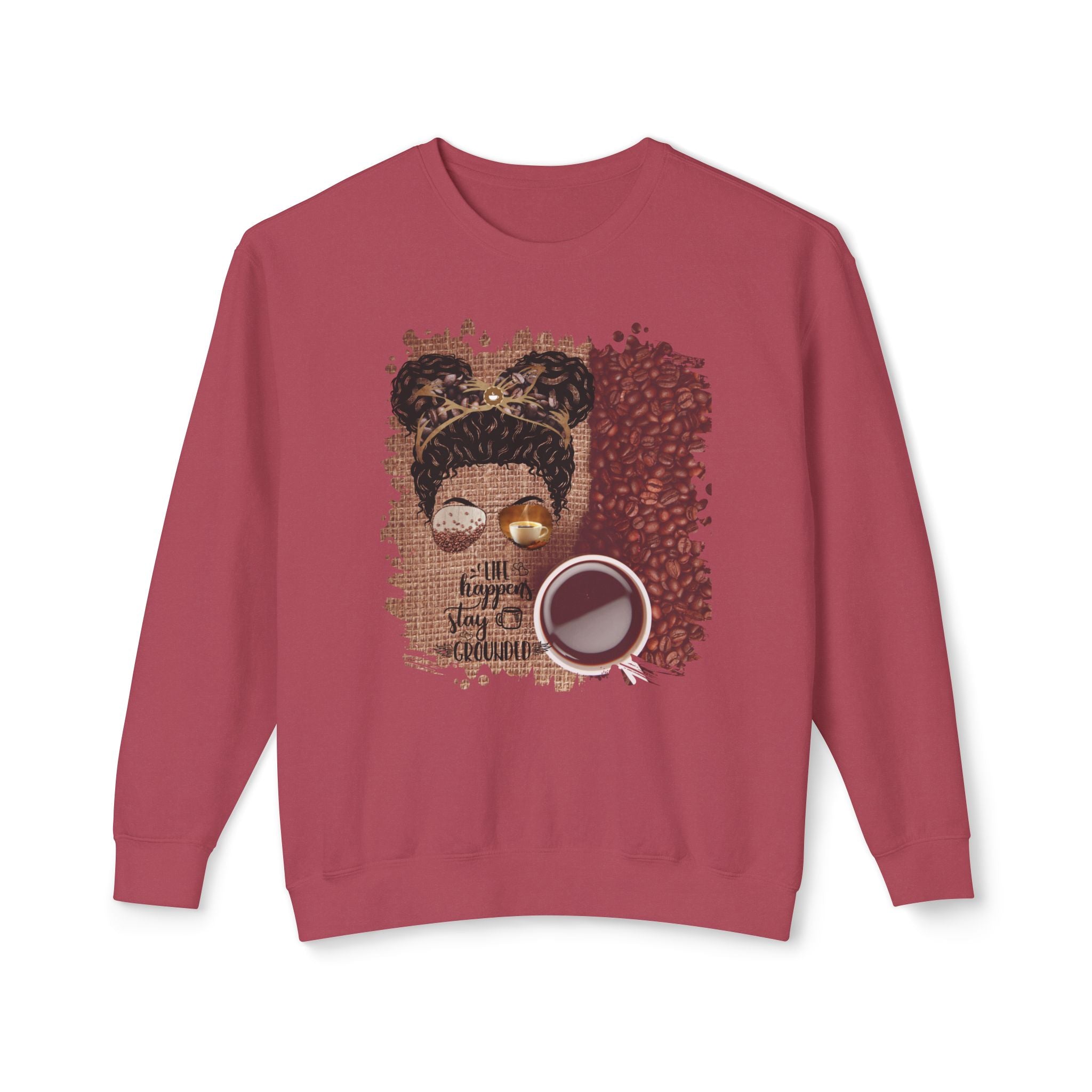 Stay Grounded, Coffee Beans Bag, Black Hair Messy Bun, Unisex Lightweight Crewneck Sweatshirt