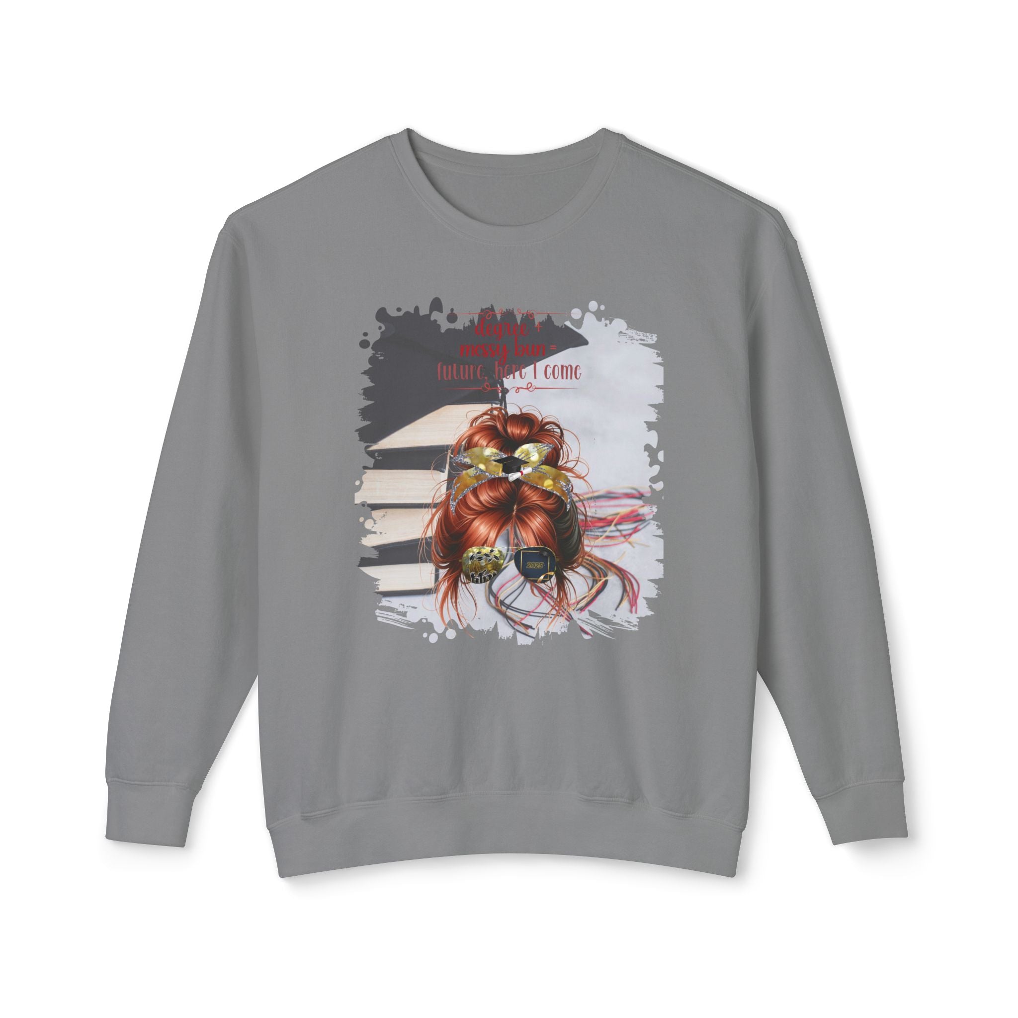 Degree + Messy Bun, Cap & Books, Red Hair Messy Bun, Unisex Lightweight Crewneck Sweatshirt